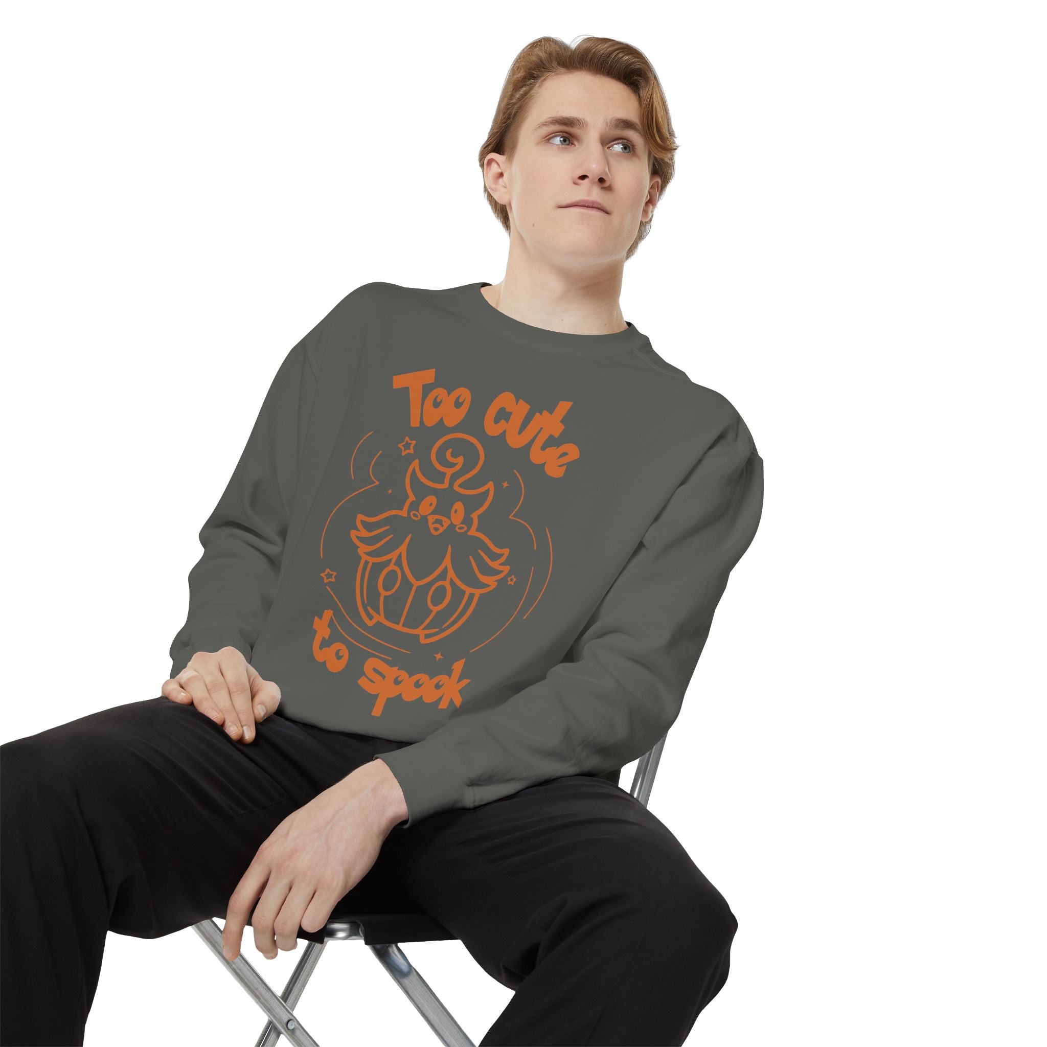 Too Cute to Spook Crewneck Sweatshirt | Comfy Halloween Theme Ghost Pumpkin Design