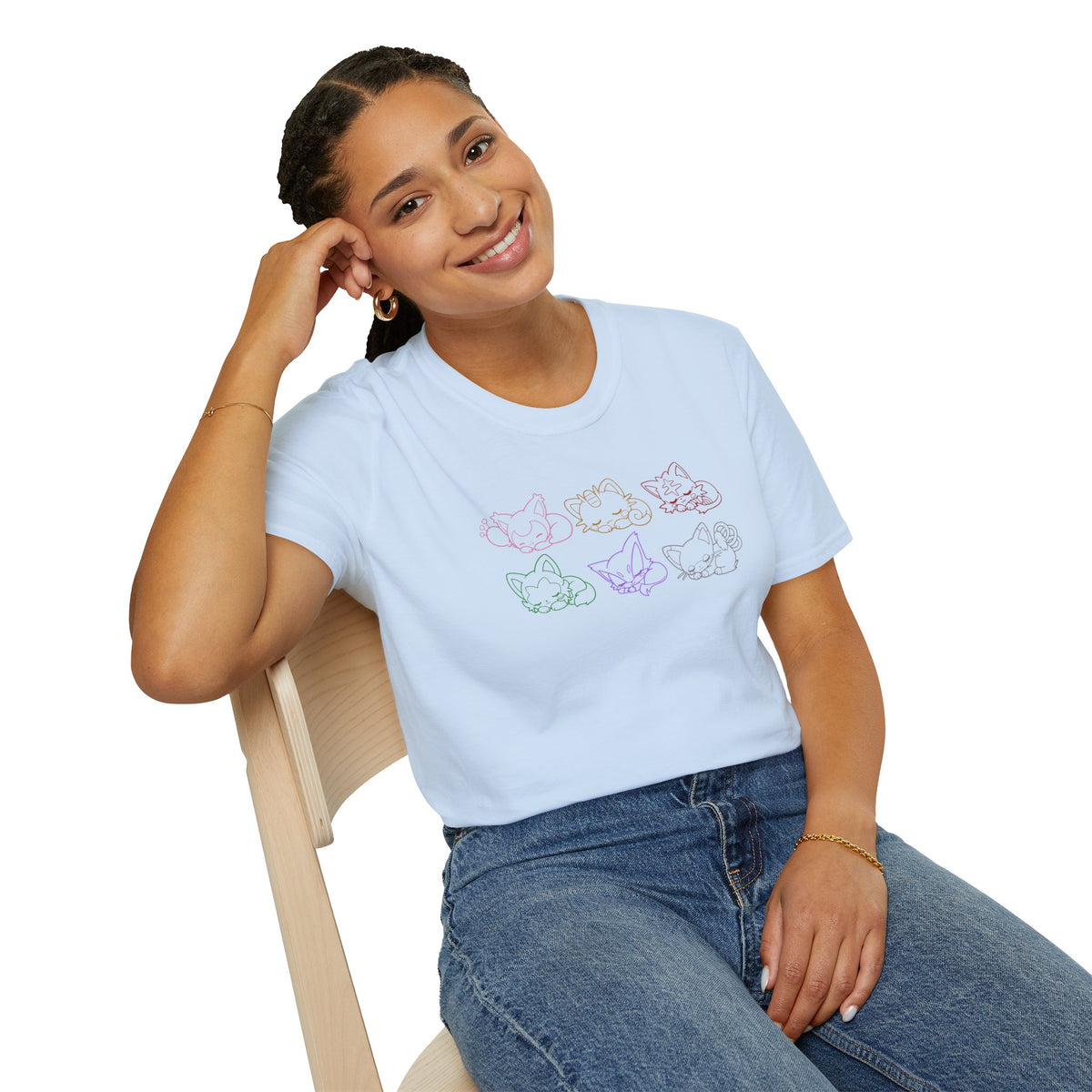 Sleeping Pokémon Cats Line Art T-Shirt | Pastel Rainbow Kitten Trio Anime Tee Shirt