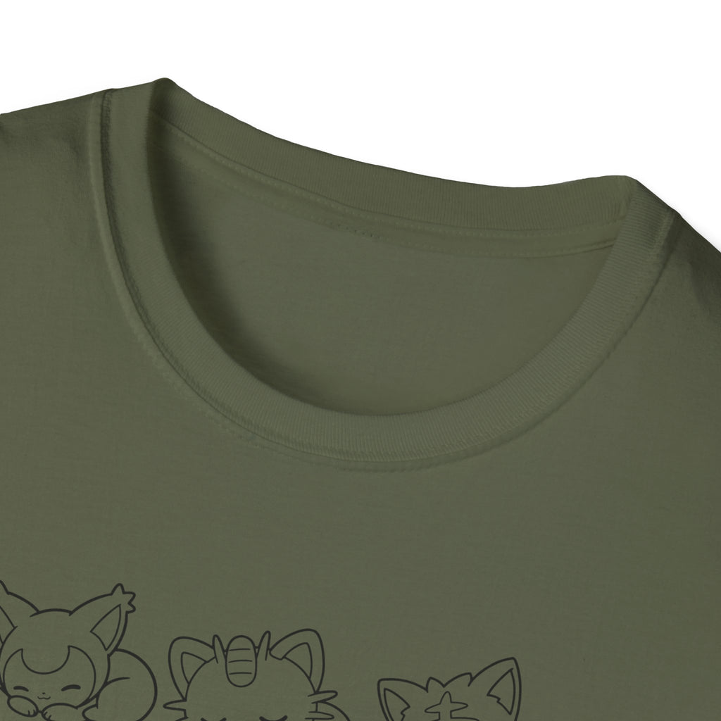 Kawaii Sleeping Cats Pkm Line Art T-Shirt | Pastel Rainbow Kitten Trio Anime Tee Shirt