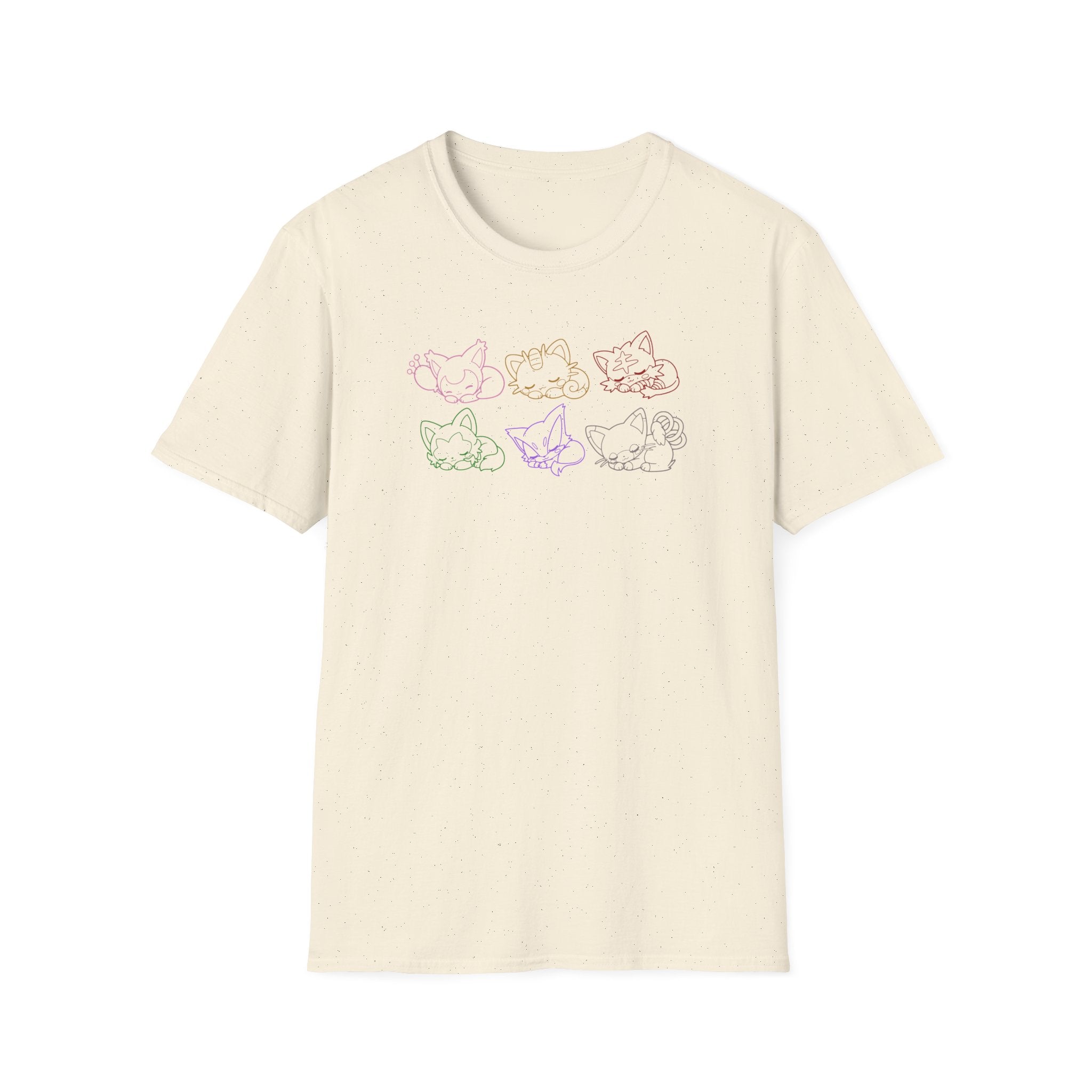 Kawaii Sleeping Cats Pkm Line Art T-Shirt | Pastel Rainbow Kitten Trio Anime Tee Shirt