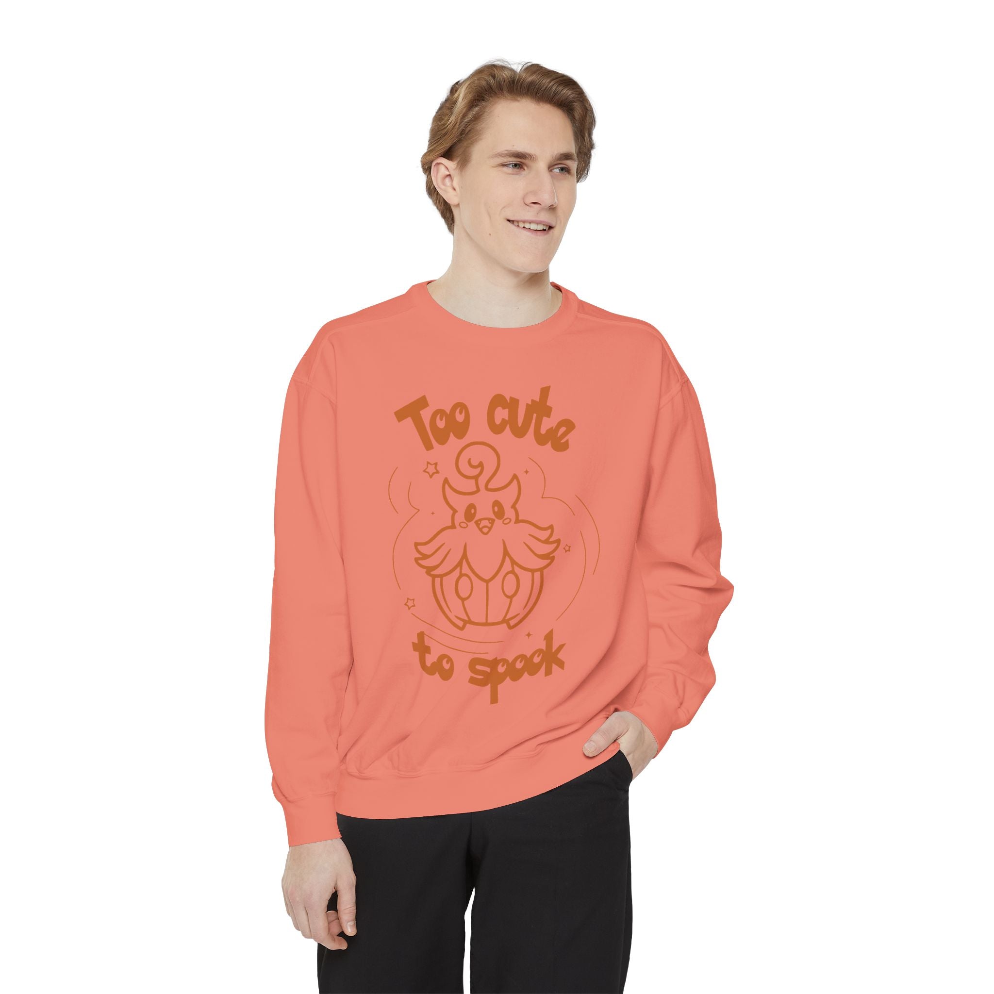 Too Cute to Spook Crewneck Sweatshirt | Comfy Halloween Theme Ghost Pumpkin Design