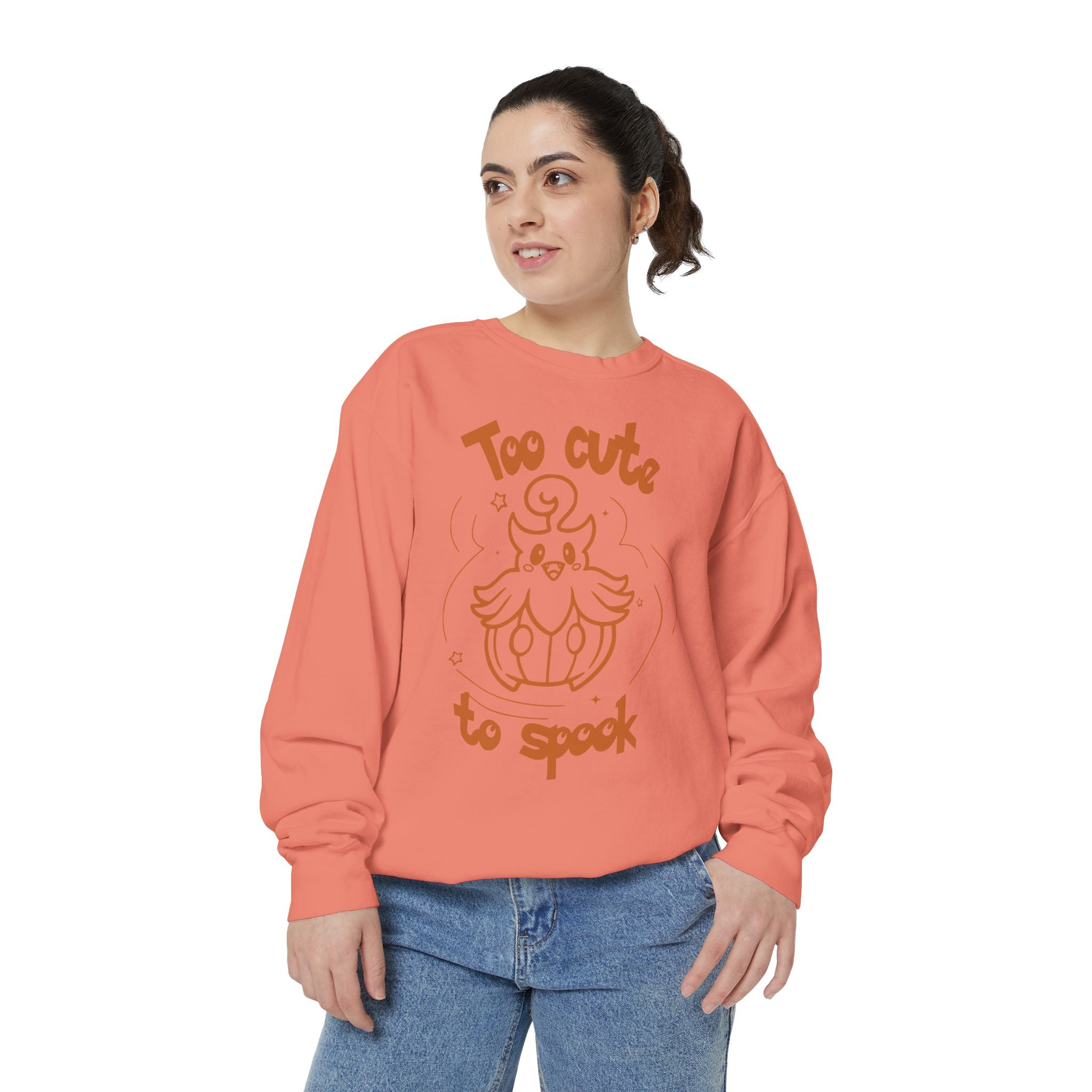 Too Cute to Spook Crewneck Sweatshirt | Comfy Halloween Theme Ghost Pumpkin Design