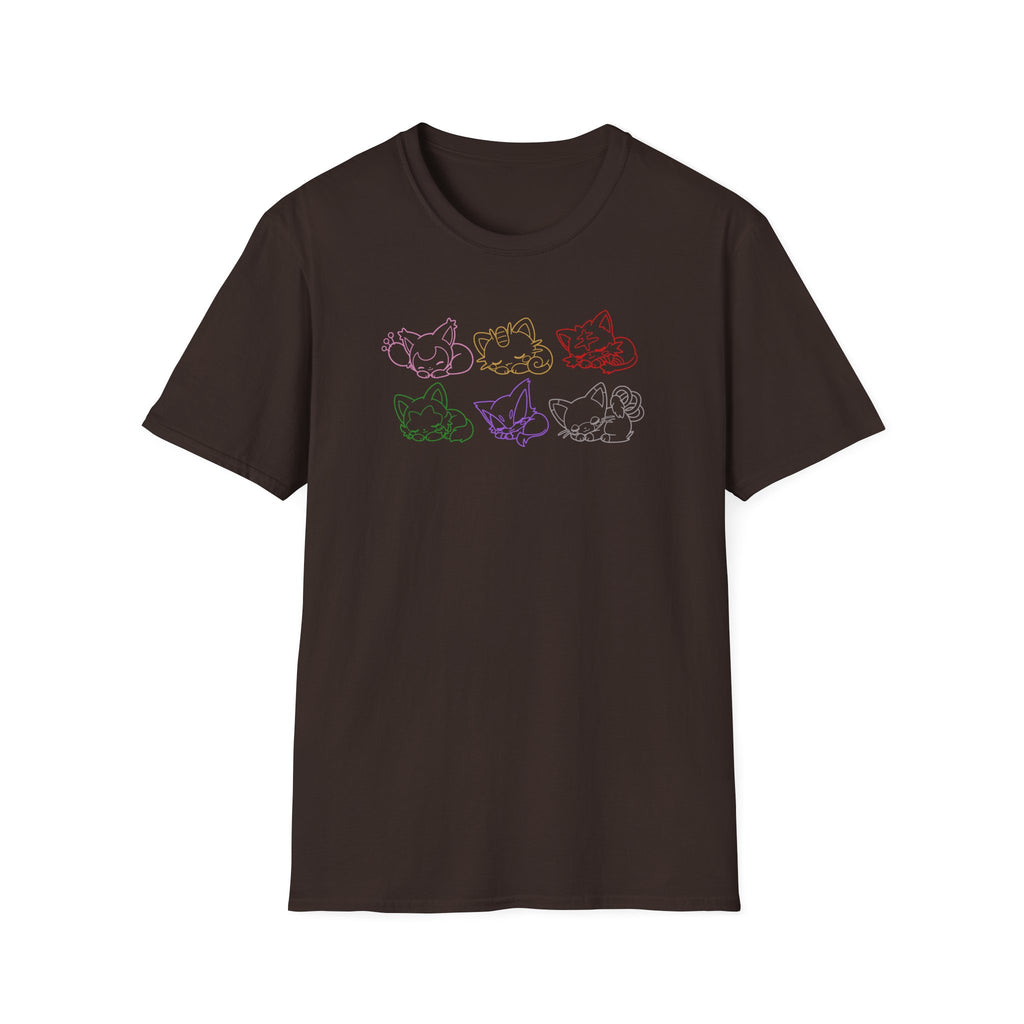 Kawaii Sleeping Cats Pkm Line Art T-Shirt | Pastel Rainbow Kitten Trio Anime Tee Shirt