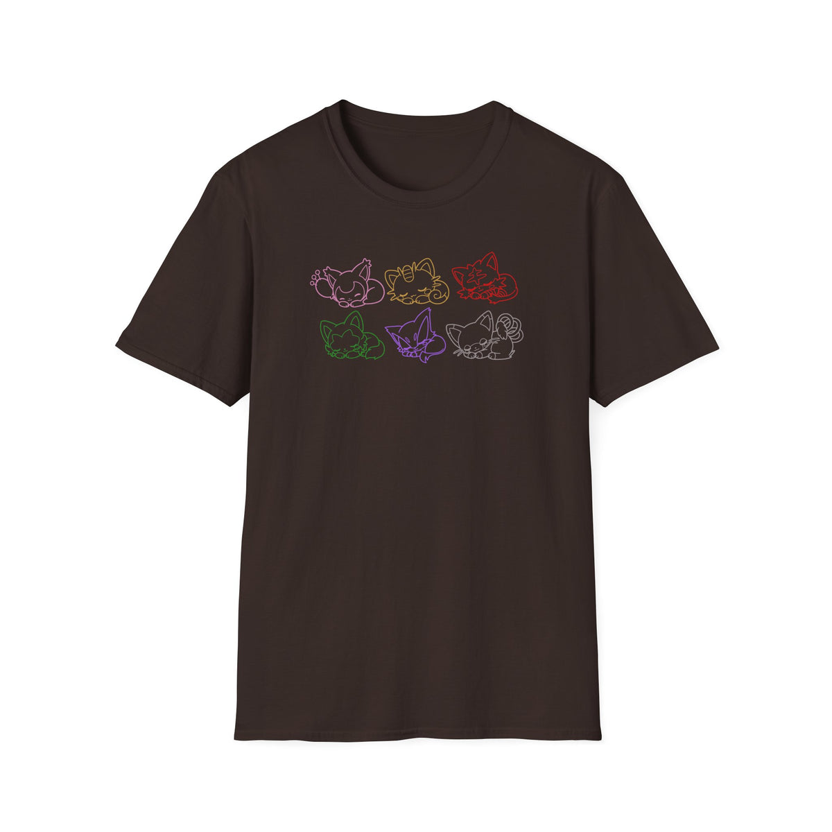 Sleeping Pokémon Cats Line Art T-Shirt | Pastel Rainbow Kitten Trio Anime Tee Shirt