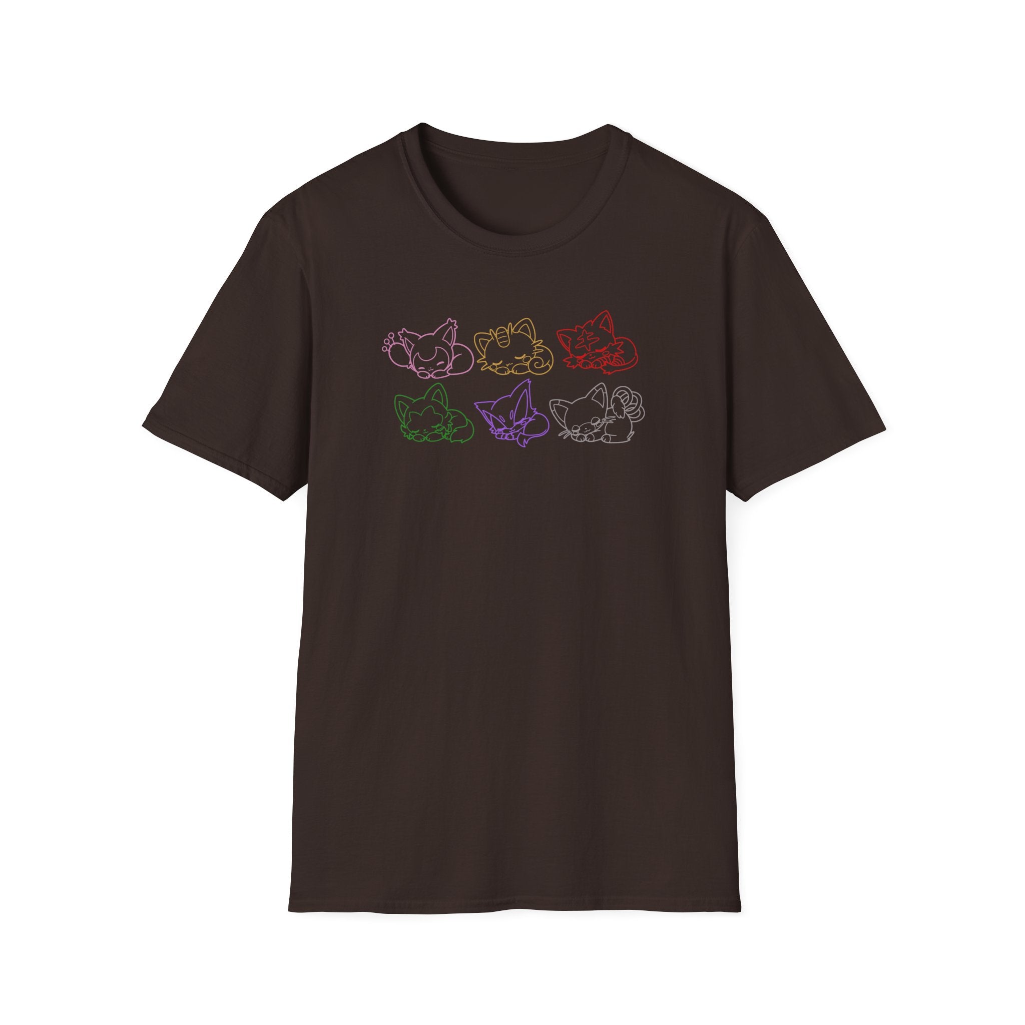 Kawaii Sleeping Cats Pkm Line Art T-Shirt | Pastel Rainbow Kitten Trio Anime Tee Shirt