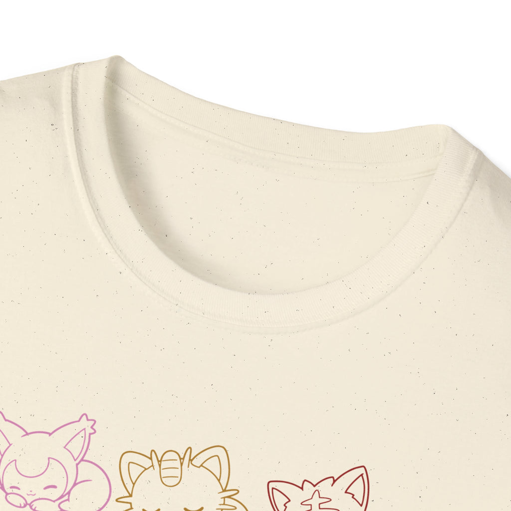 Kawaii Sleeping Cats Pkm Line Art T-Shirt | Pastel Rainbow Kitten Trio Anime Tee Shirt