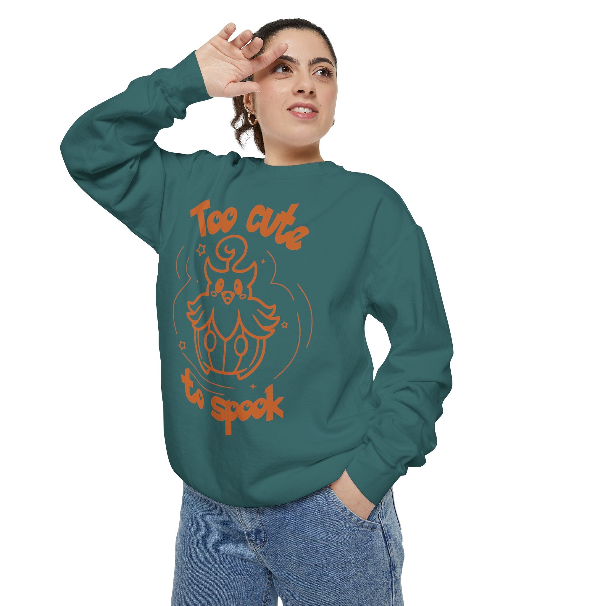 Too Cute to Spook Crewneck Sweatshirt | Comfy Halloween Theme Ghost Pumpkin Design