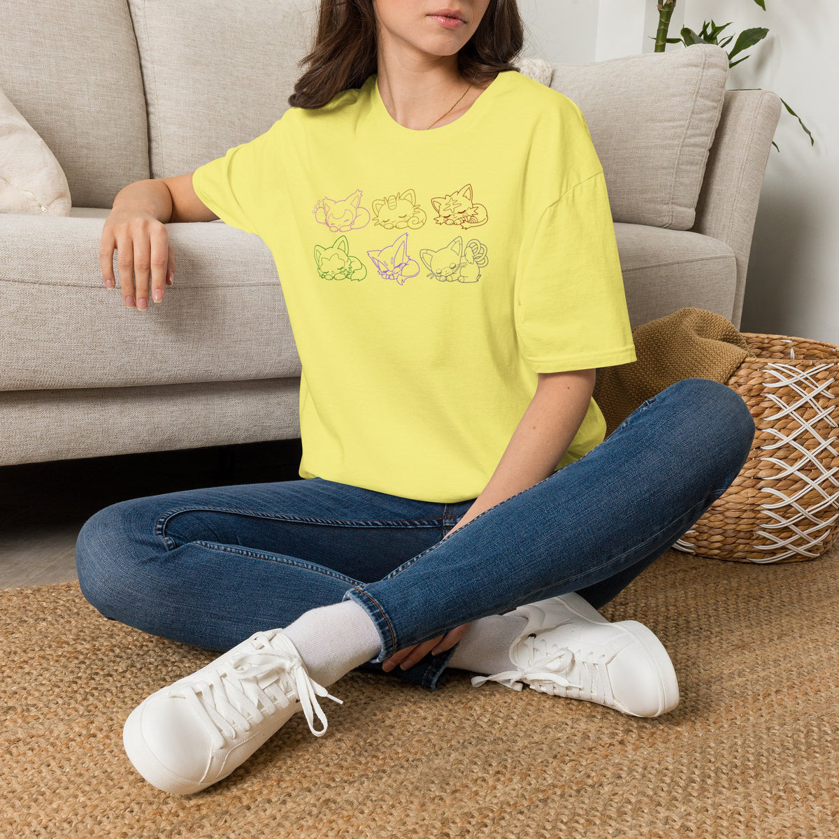 Sleeping Pokémon Cats Line Art T-Shirt | Pastel Rainbow Kitten Trio Anime Tee Shirt