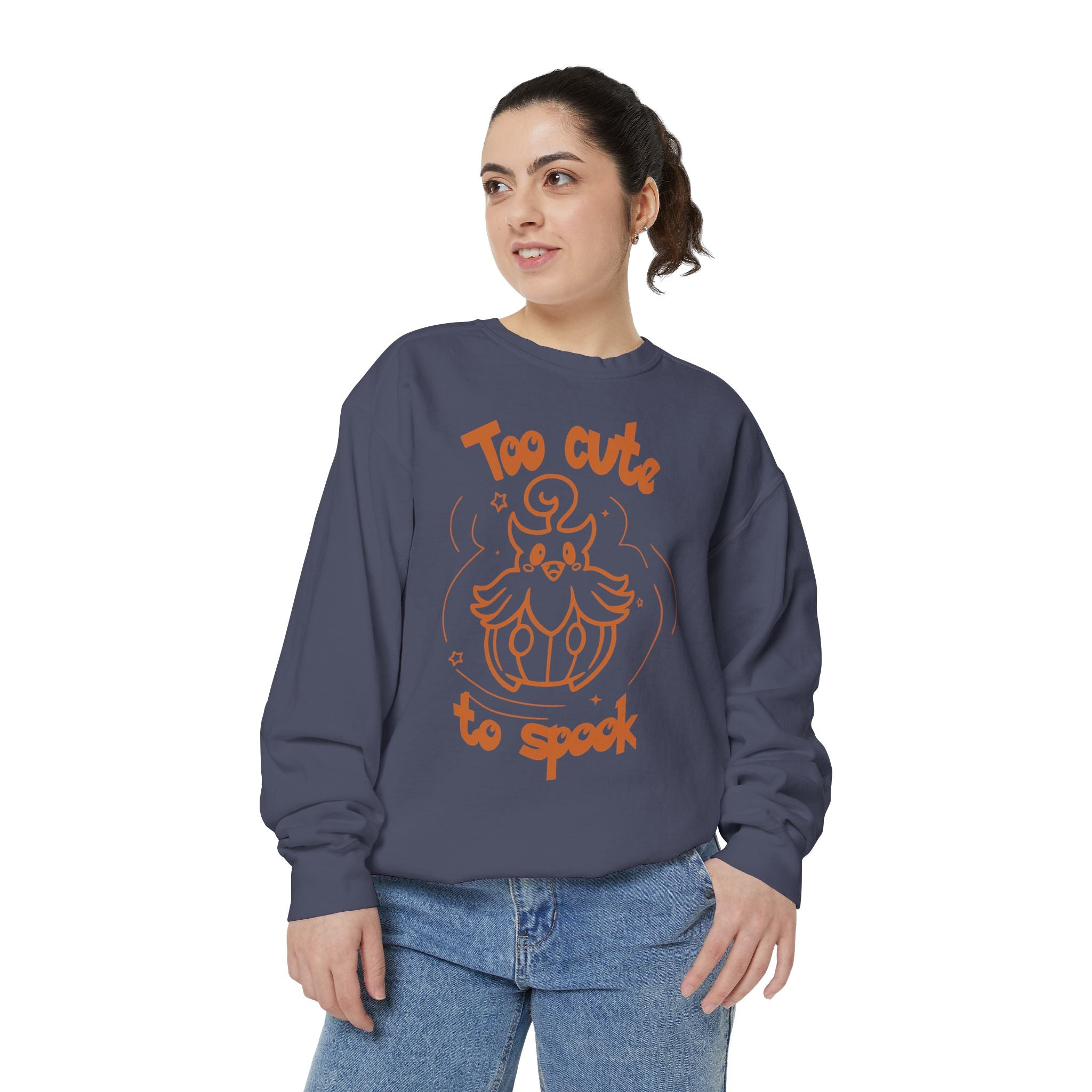 Too Cute to Spook Crewneck Sweatshirt | Comfy Halloween Theme Ghost Pumpkin Design