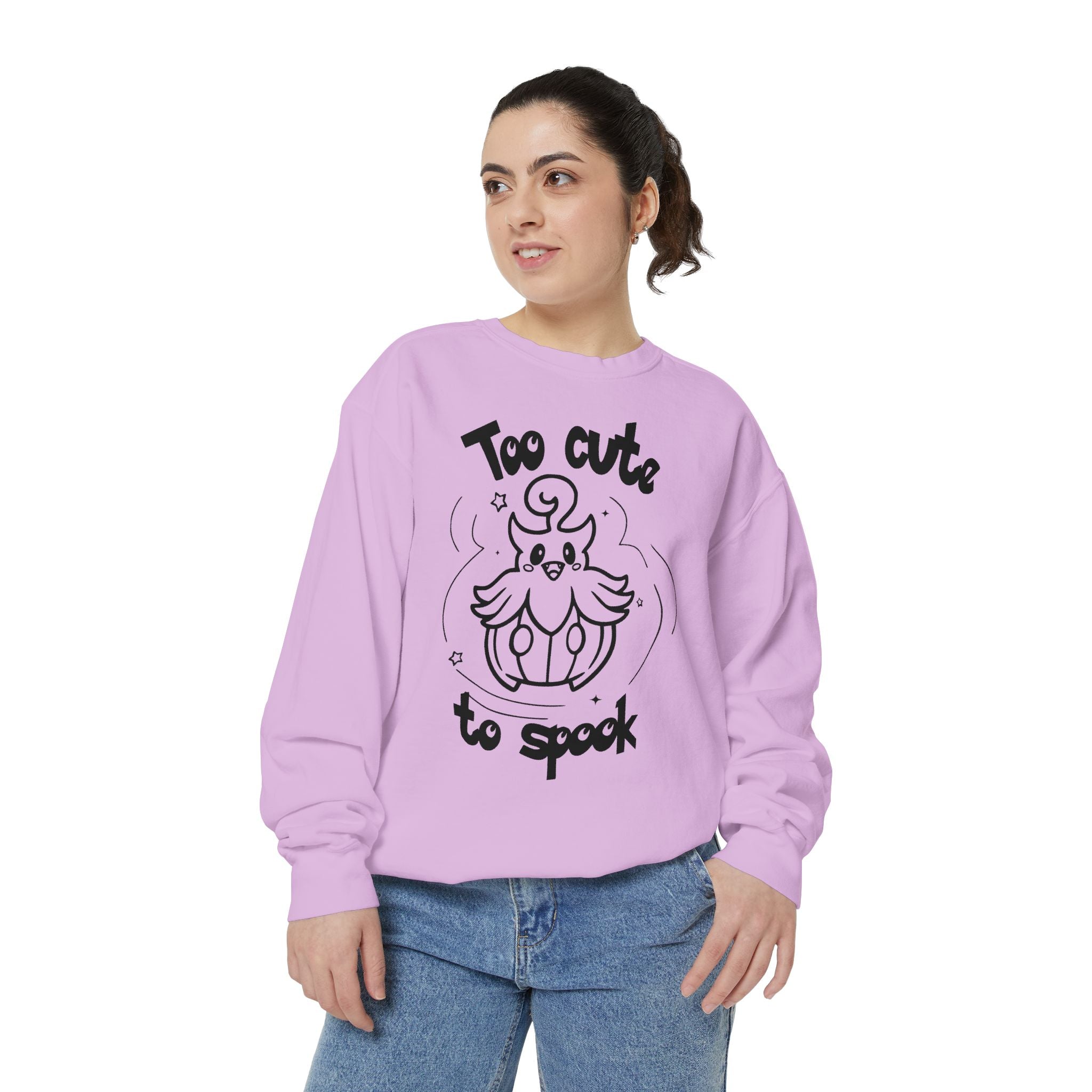 Too Cute to Spook Crewneck Sweatshirt | Comfy Halloween Theme Ghost Pumpkin Design