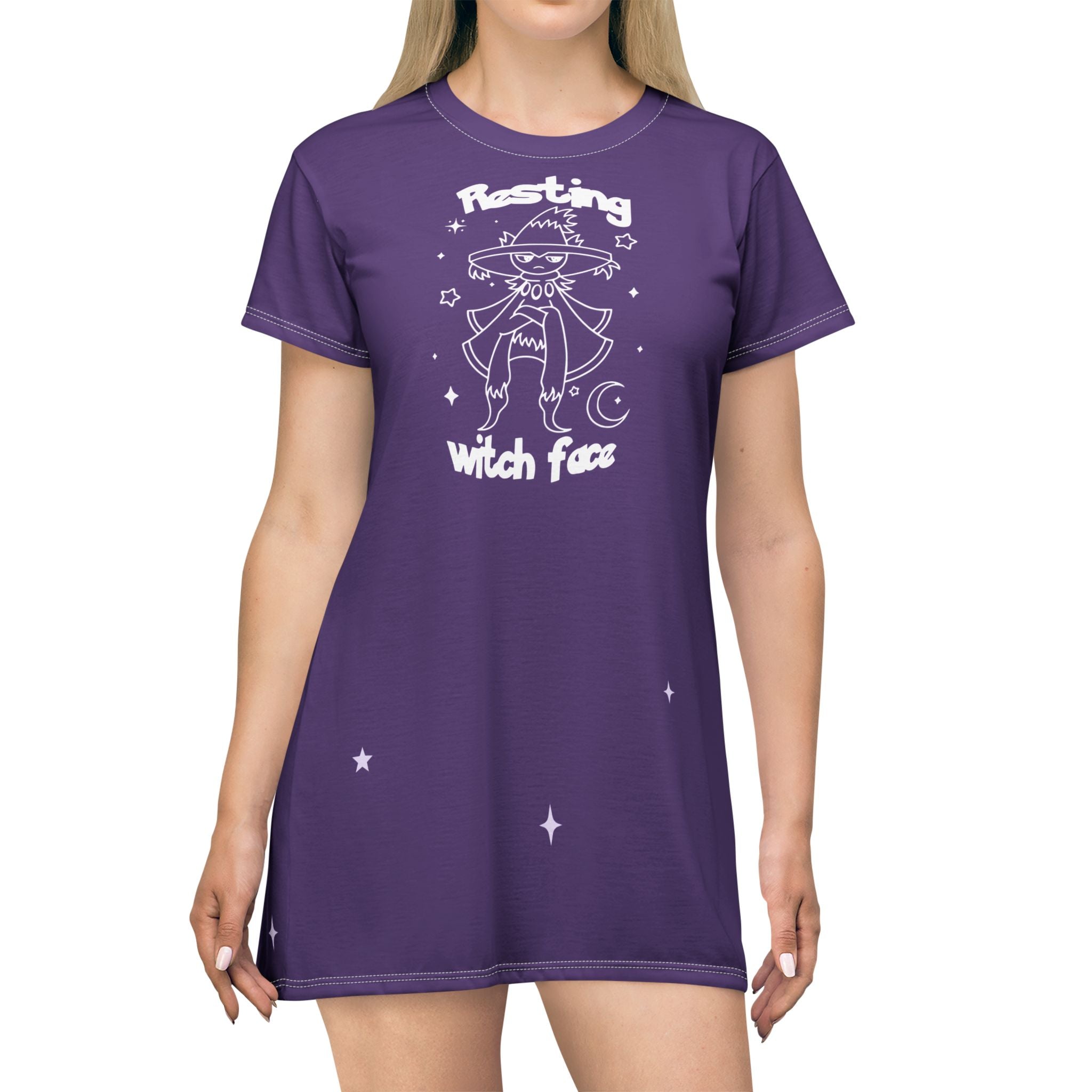 Resting Witch Face T-Shirt Dress, Witchy Halloween Sleep Shirt, Cute Purple Comfy Nightdress for Women, Cozy Fall Pajama Dress