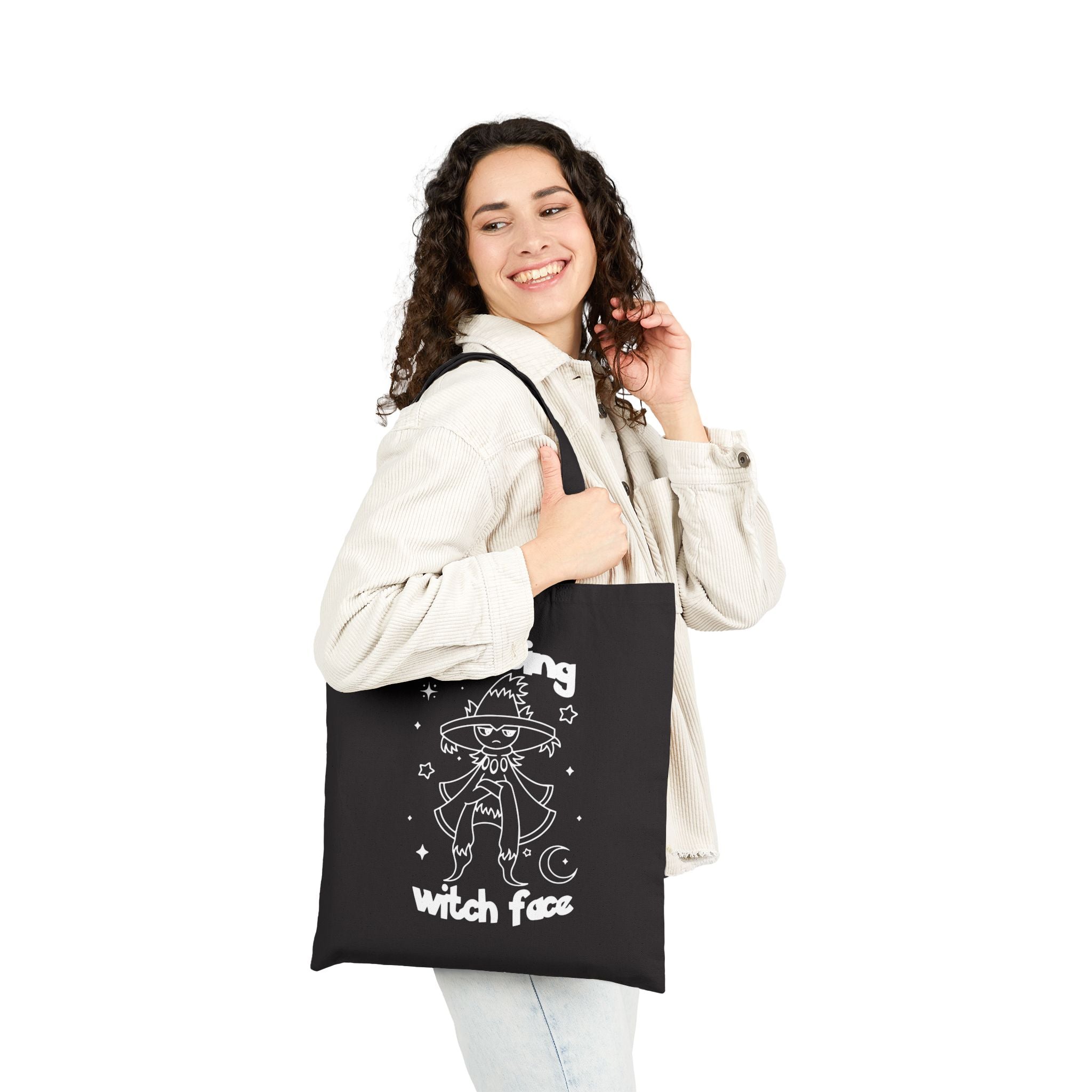 Resting Witch Face Halloween Tote Bag | Cute Kawaii Shopping Geek Bag | Candy Trick or Treat Black Bag | Cozy Gamer Gift for Women