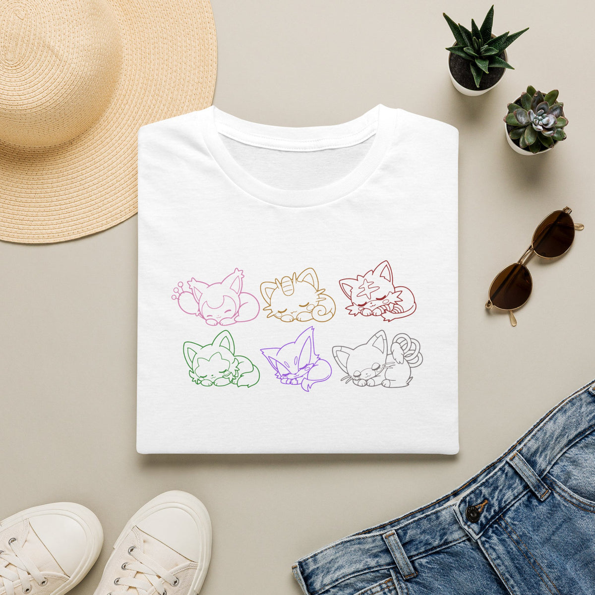Sleeping Pokémon Cats Line Art T-Shirt | Pastel Rainbow Kitten Trio Anime Tee Shirt