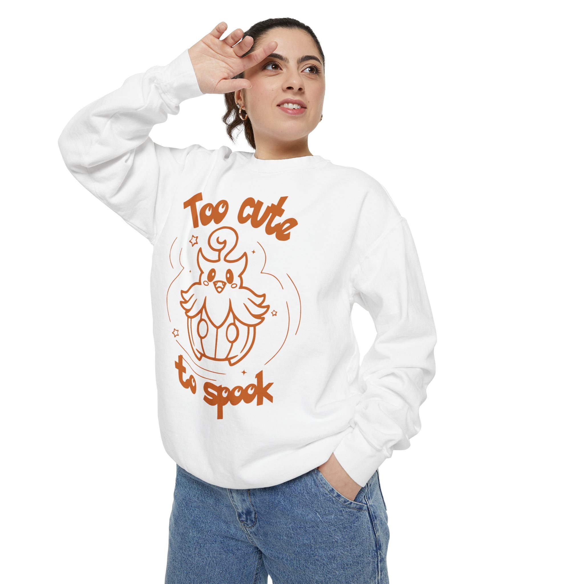 Too Cute to Spook Crewneck Sweatshirt | Comfy Halloween Theme Ghost Pumpkin Design