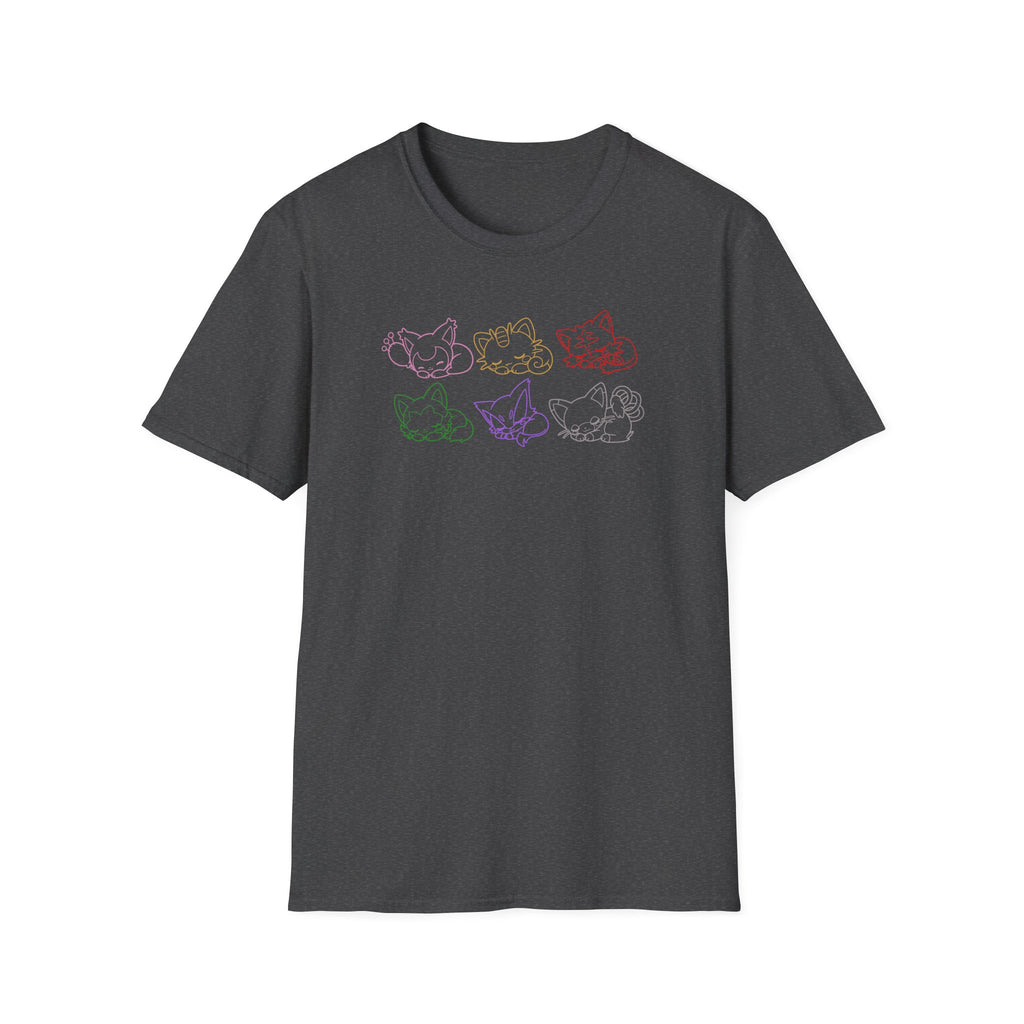 Kawaii Sleeping Cats Pkm Line Art T-Shirt | Pastel Rainbow Kitten Trio Anime Tee Shirt