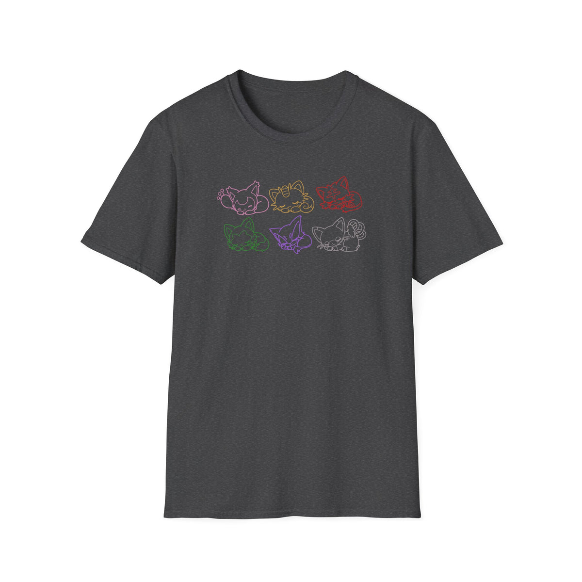 Sleeping Pokémon Cats Line Art T-Shirt | Pastel Rainbow Kitten Trio Anime Tee Shirt