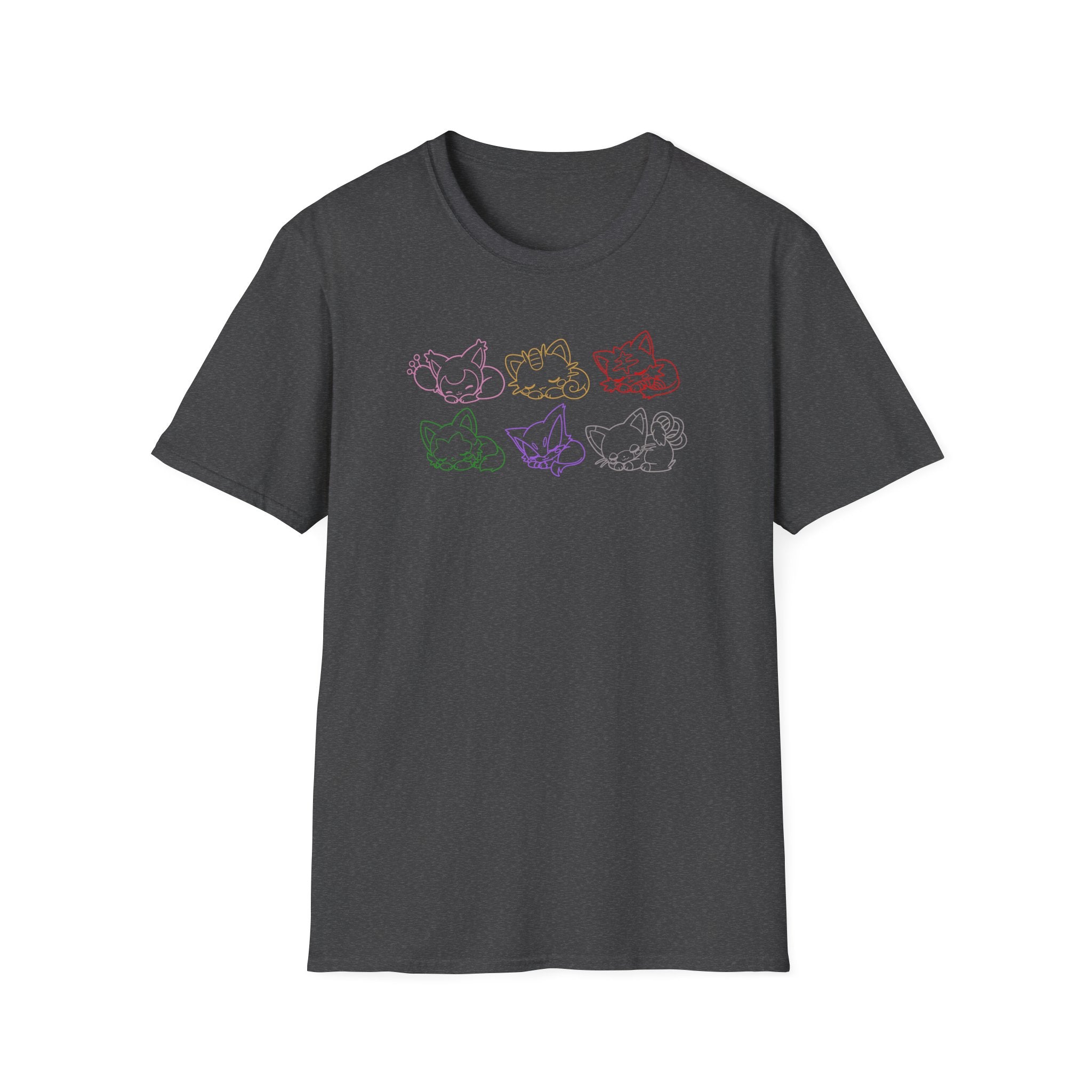 Kawaii Sleeping Cats Pkm Line Art T-Shirt | Pastel Rainbow Kitten Trio Anime Tee Shirt