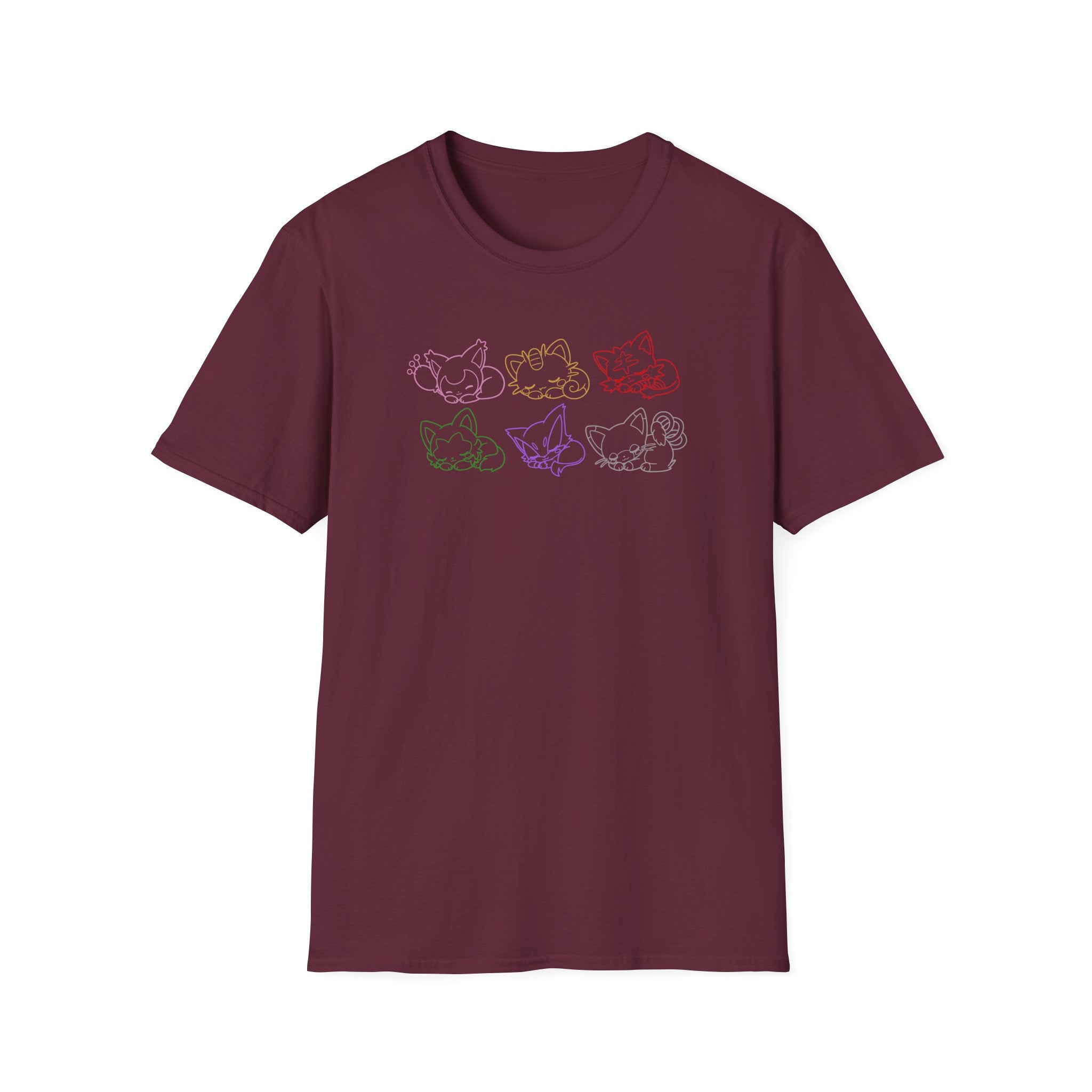 Kawaii Sleeping Cats Pkm Line Art T-Shirt | Pastel Rainbow Kitten Trio Anime Tee Shirt
