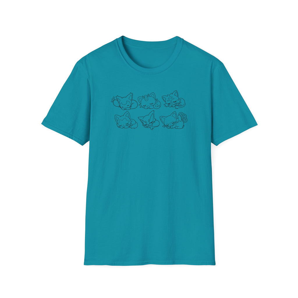 Kawaii Sleeping Cats Pkm Line Art T-Shirt | Pastel Rainbow Kitten Trio Anime Tee Shirt