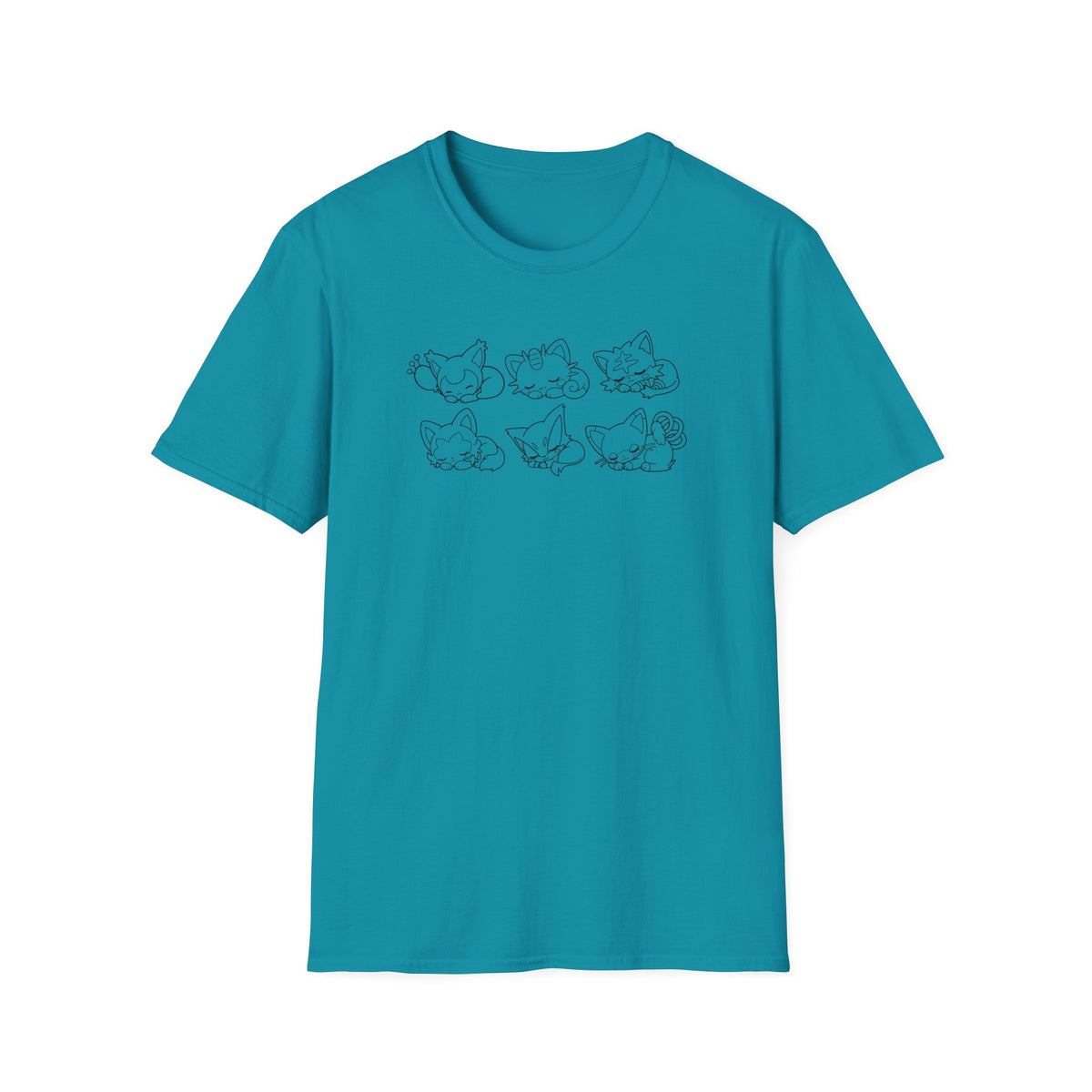 Sleeping Pokémon Cats Line Art T-Shirt | Pastel Rainbow Kitten Trio Anime Tee Shirt