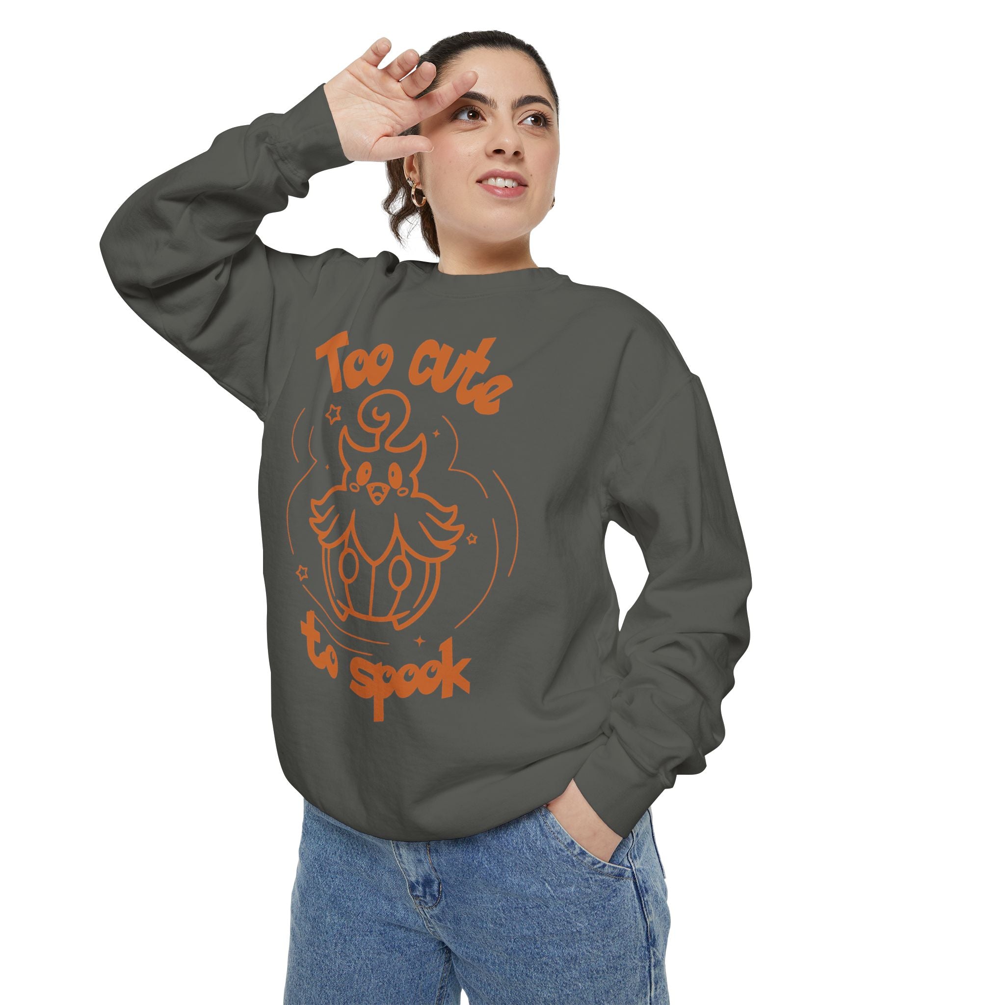 Too Cute to Spook Crewneck Sweatshirt | Comfy Halloween Theme Ghost Pumpkin Design