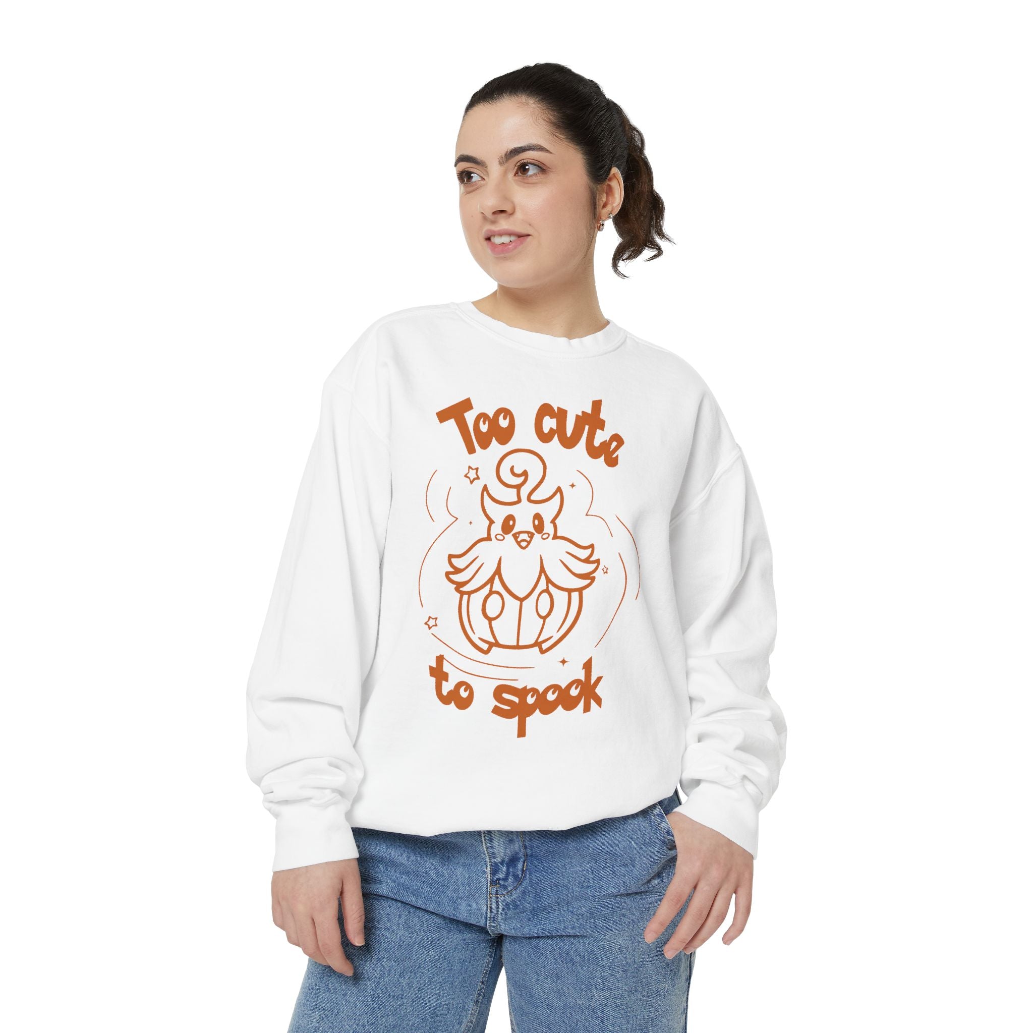 Too Cute to Spook Crewneck Sweatshirt | Comfy Halloween Theme Ghost Pumpkin Design