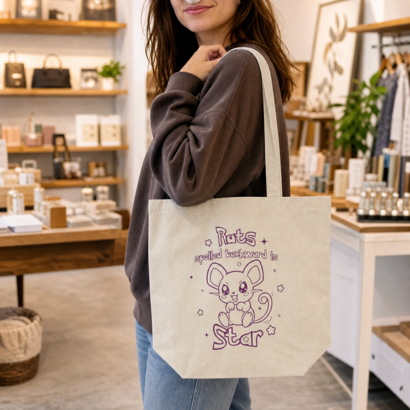 Rats spelled backward is star bag  cute rat Pkm canvas shopping totebag for gamer