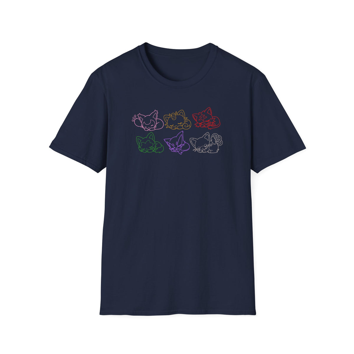 Sleeping Pokémon Cats Line Art T-Shirt | Pastel Rainbow Kitten Trio Anime Tee Shirt