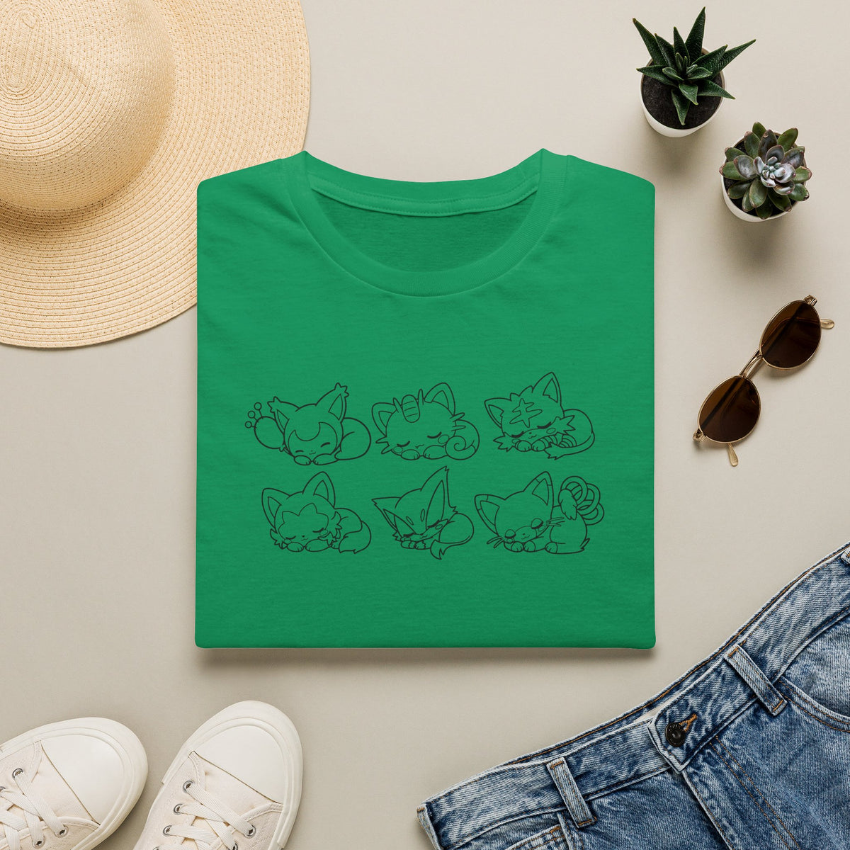 Sleeping Pokémon Cats Line Art T-Shirt | Pastel Rainbow Kitten Trio Anime Tee Shirt