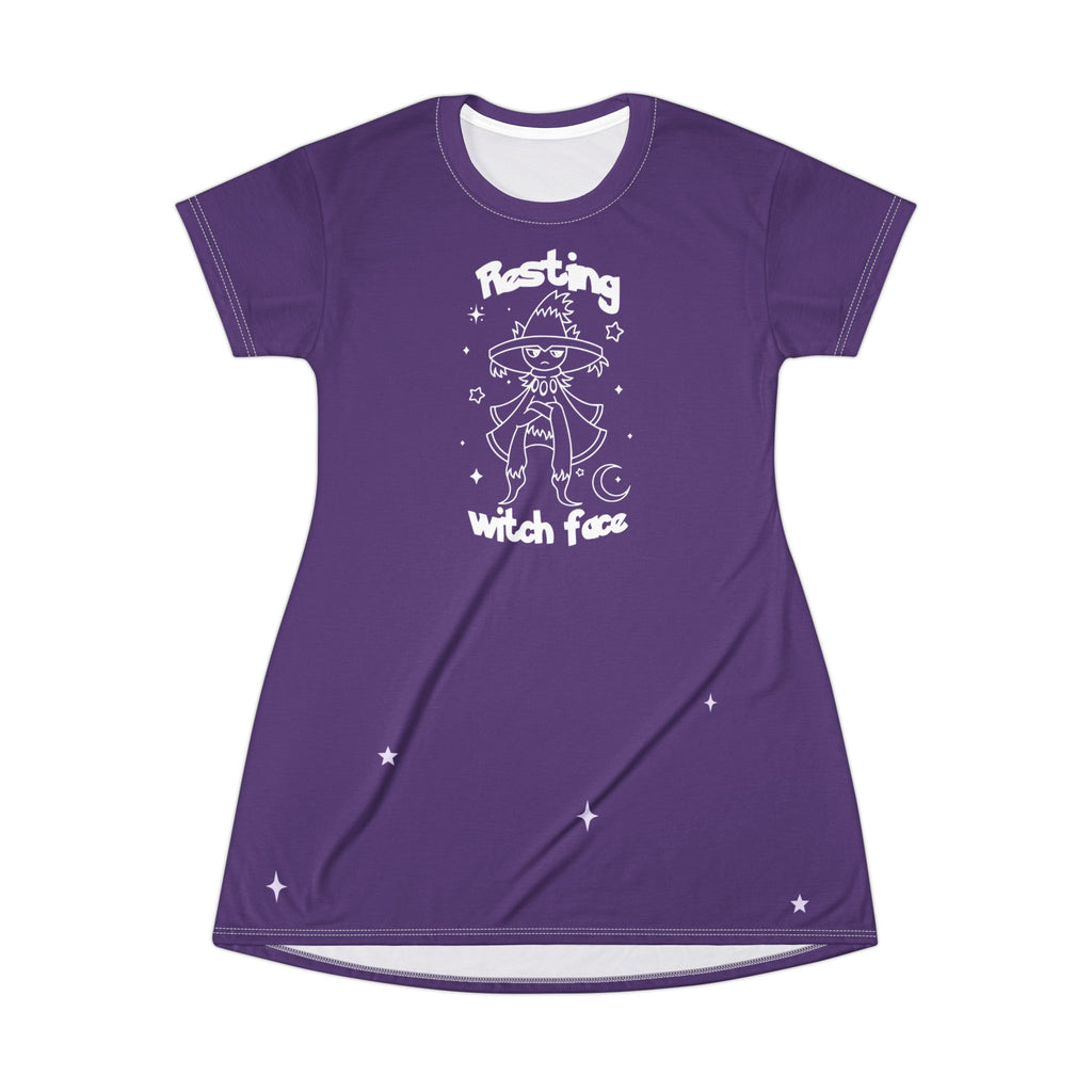 Resting Witch Face T-Shirt Dress, Witchy Halloween Sleep Shirt, Cute Purple Comfy Nightdress for Women, Cozy Fall Pajama Dress