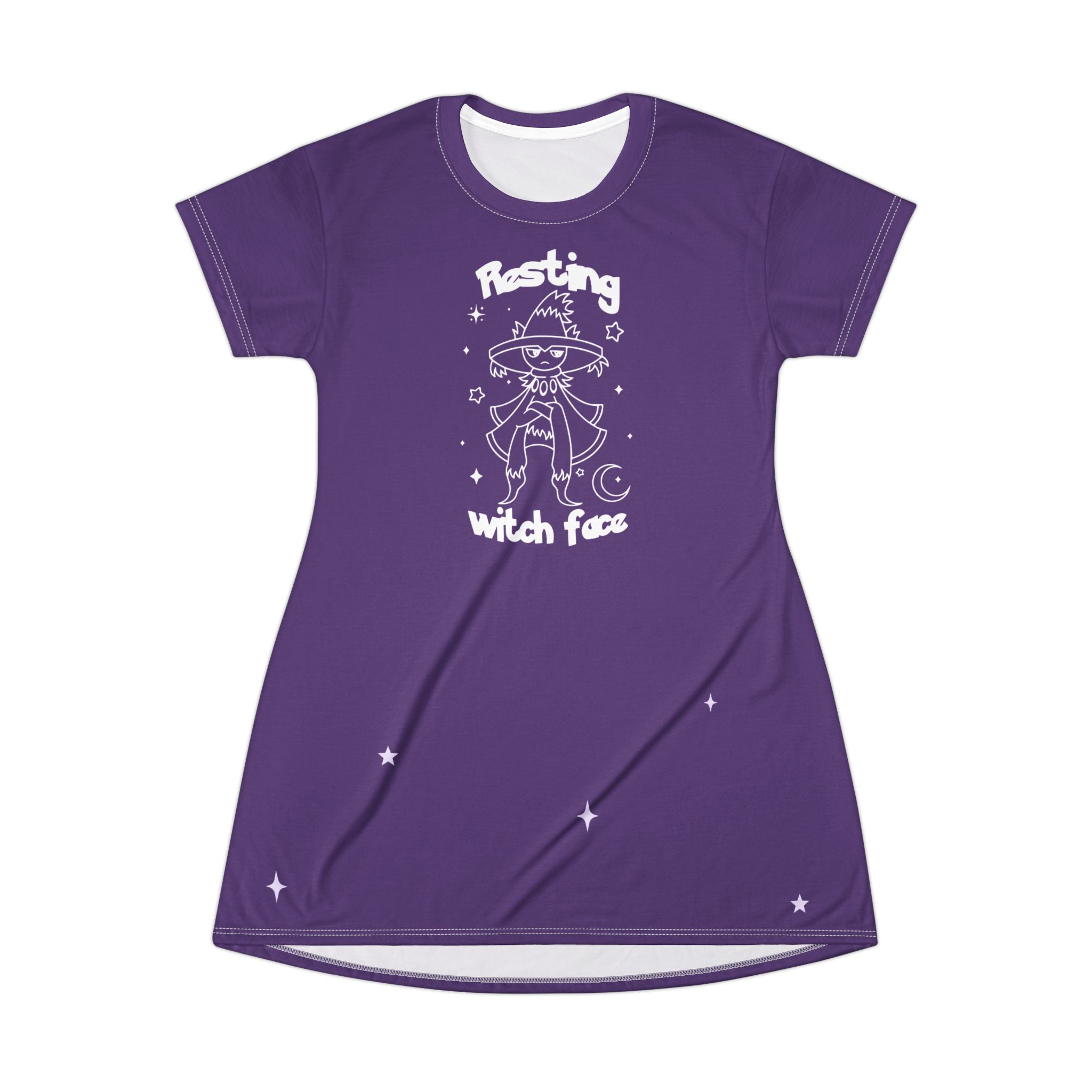 Resting Witch Face T-Shirt Dress, Witchy Halloween Sleep Shirt, Cute Purple Comfy Nightdress for Women, Cozy Fall Pajama Dress
