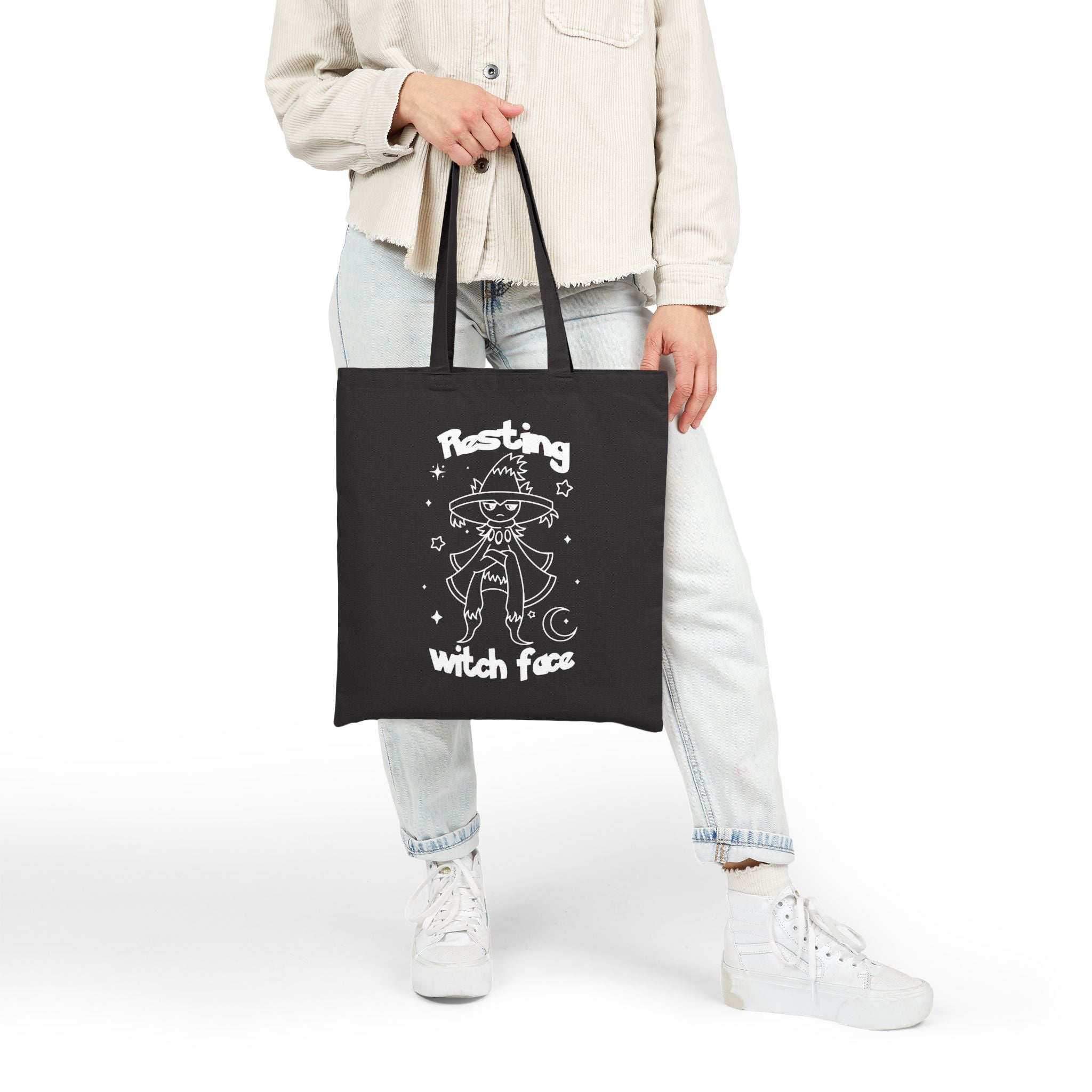 Resting Witch Face Halloween Tote Bag | Cute Kawaii Shopping Geek Bag | Candy Trick or Treat Black Bag | Cozy Gamer Gift for Women