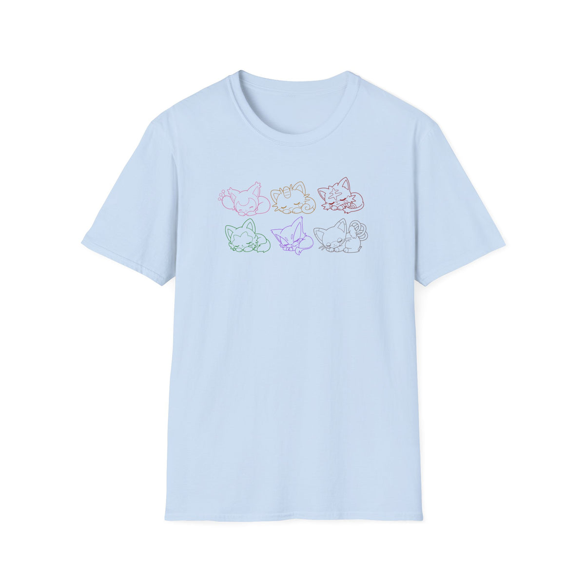 Sleeping Pokémon Cats Line Art T-Shirt | Pastel Rainbow Kitten Trio Anime Tee Shirt