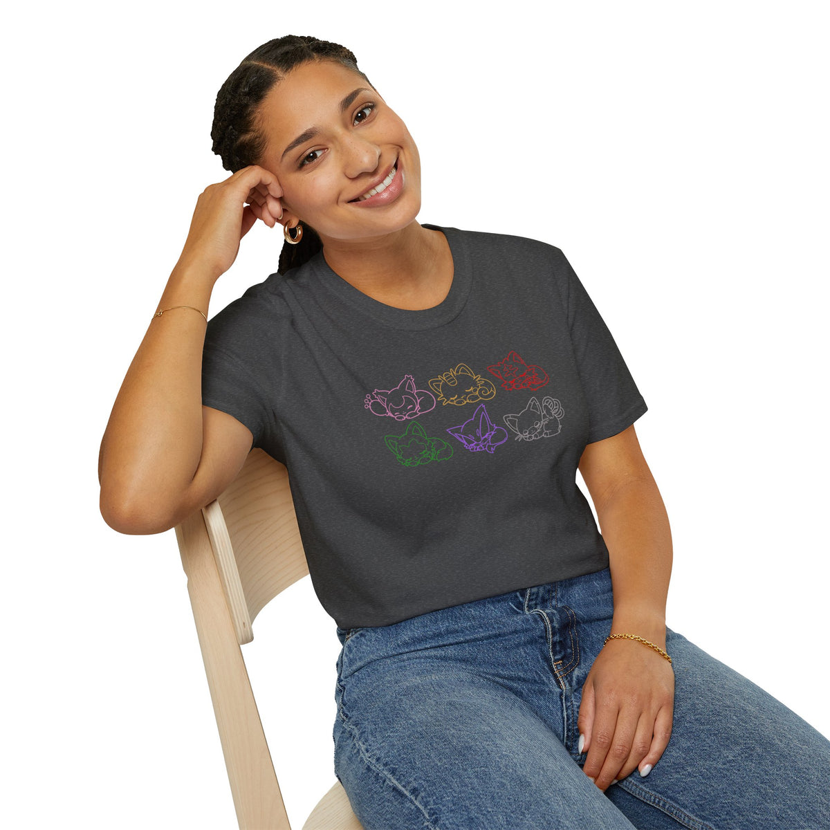 Sleeping Pokémon Cats Line Art T-Shirt | Pastel Rainbow Kitten Trio Anime Tee Shirt