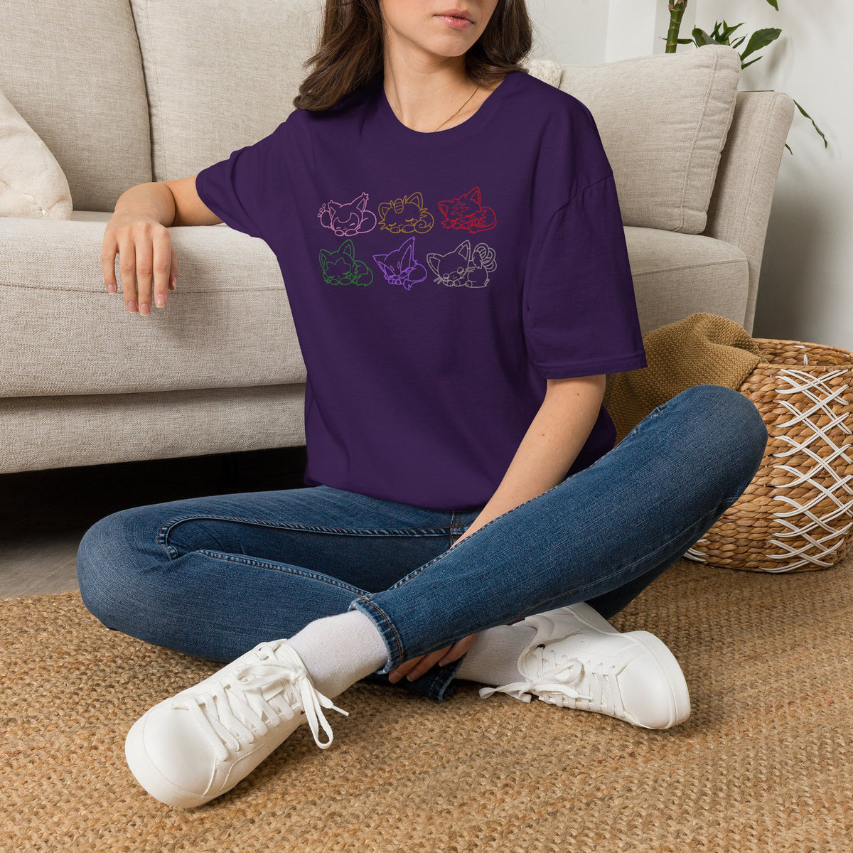 Sleeping Pokémon Cats Line Art T-Shirt | Pastel Rainbow Kitten Trio Anime Tee Shirt