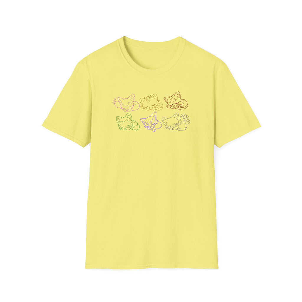 Kawaii Sleeping Cats Pkm Line Art T-Shirt | Pastel Rainbow Kitten Trio Anime Tee Shirt