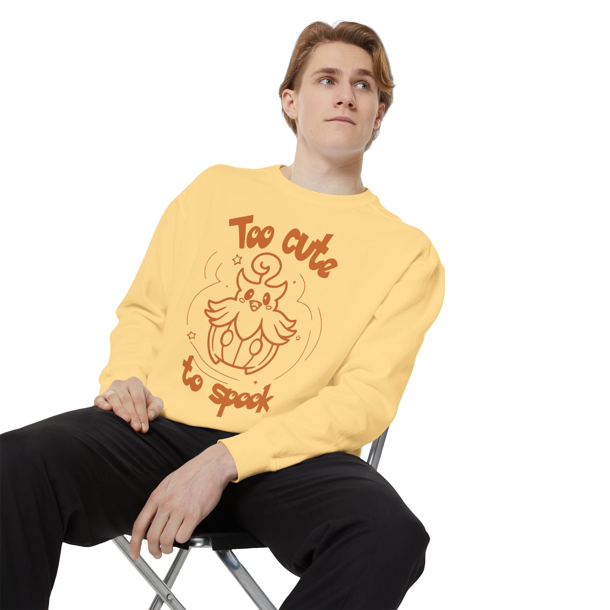 Too Cute to Spook Crewneck Sweatshirt | Comfy Halloween Theme Ghost Pumpkin Design