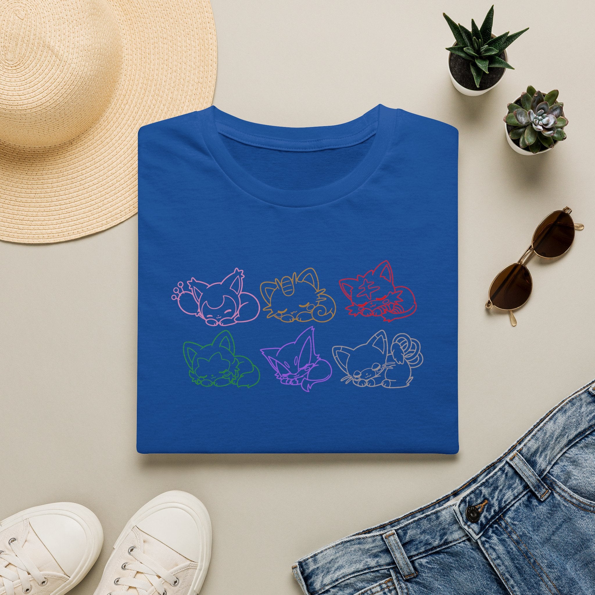 Sleeping Pokémon Cats Line Art T-Shirt | Pastel Rainbow Kitten Trio Anime Tee Shirt