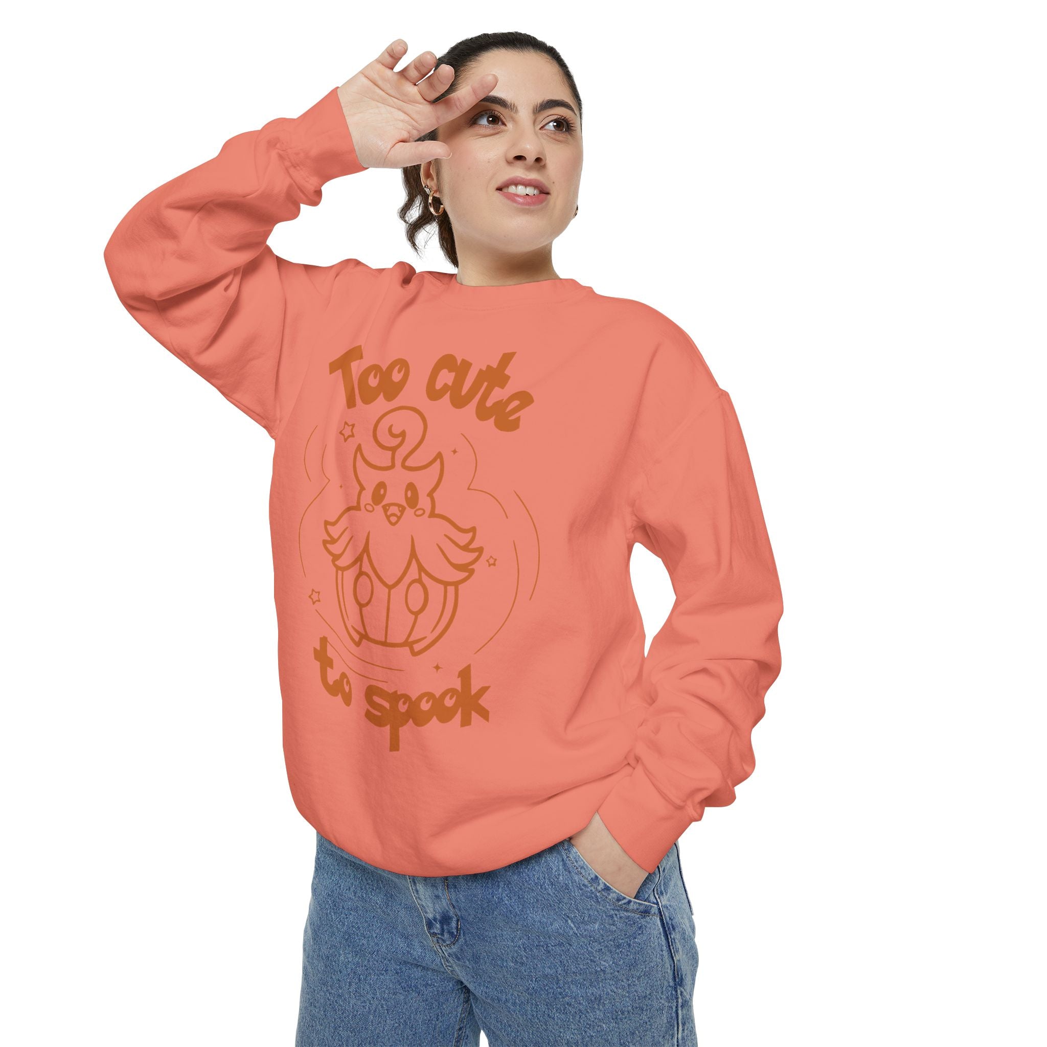 Too Cute to Spook Crewneck Sweatshirt | Comfy Halloween Theme Ghost Pumpkin Design