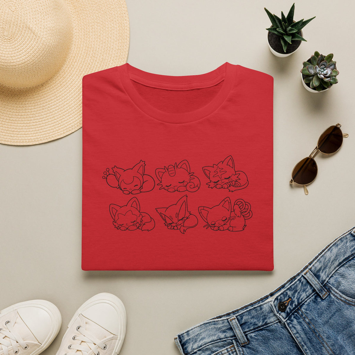 Sleeping Pokémon Cats Line Art T-Shirt | Pastel Rainbow Kitten Trio Anime Tee Shirt