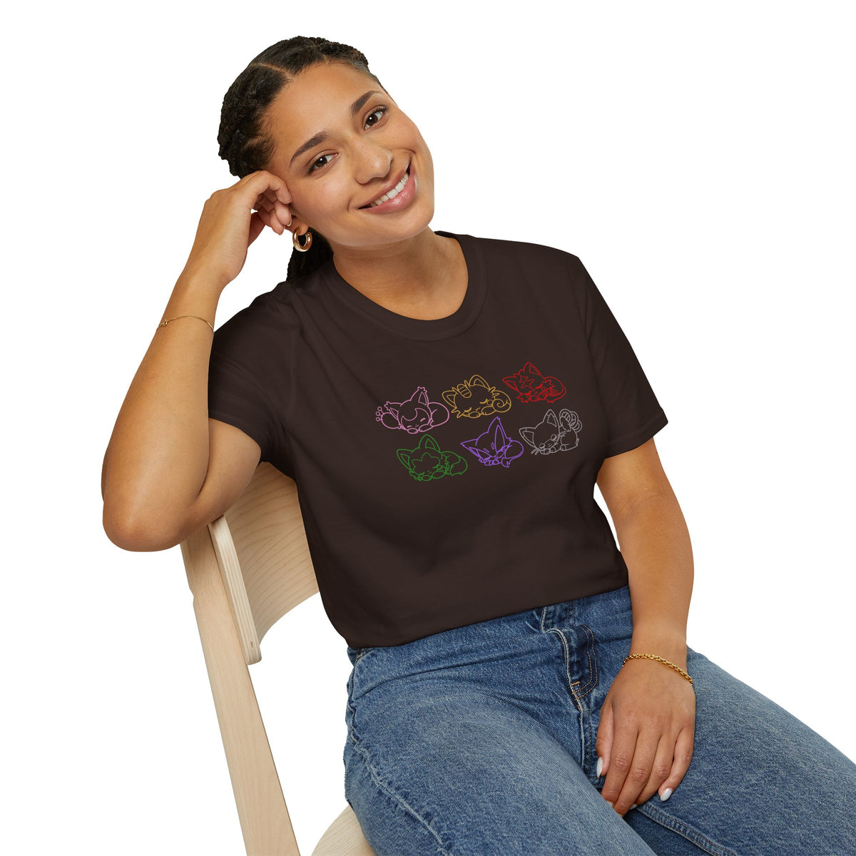 Sleeping Pokémon Cats Line Art T-Shirt | Pastel Rainbow Kitten Trio Anime Tee Shirt