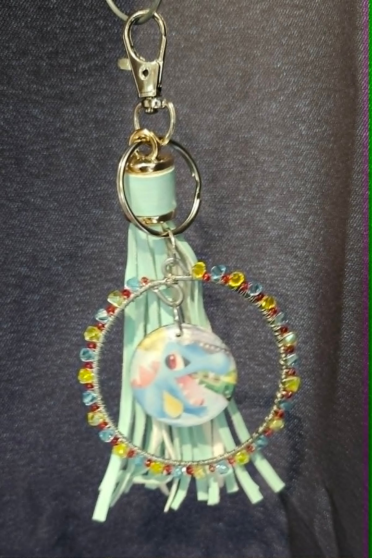 Totodile Inspired Handmade Pokémon Charm – Resin Keychain with Crystal Beads & Tassel
