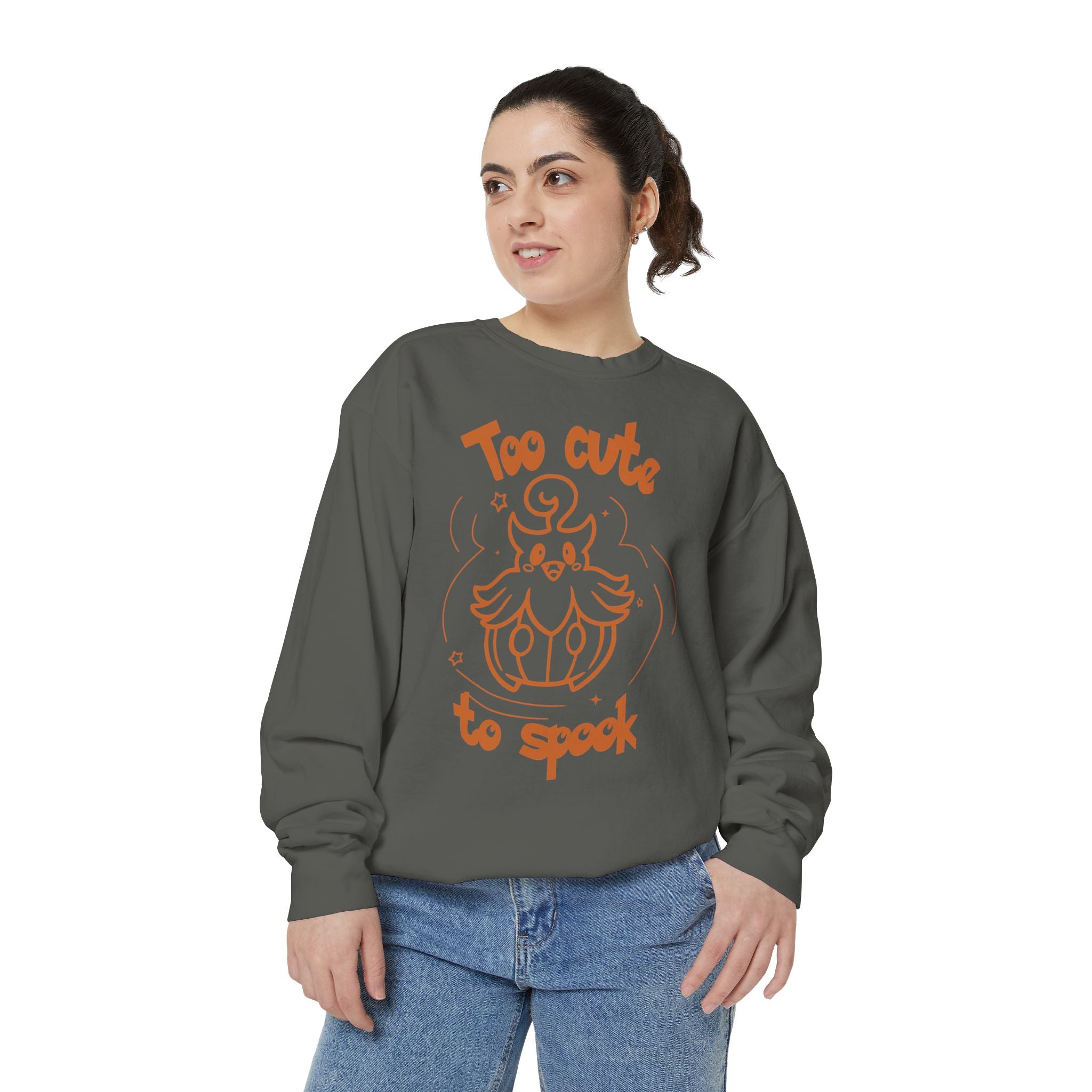 Too Cute to Spook Crewneck Sweatshirt | Comfy Halloween Theme Ghost Pumpkin Design