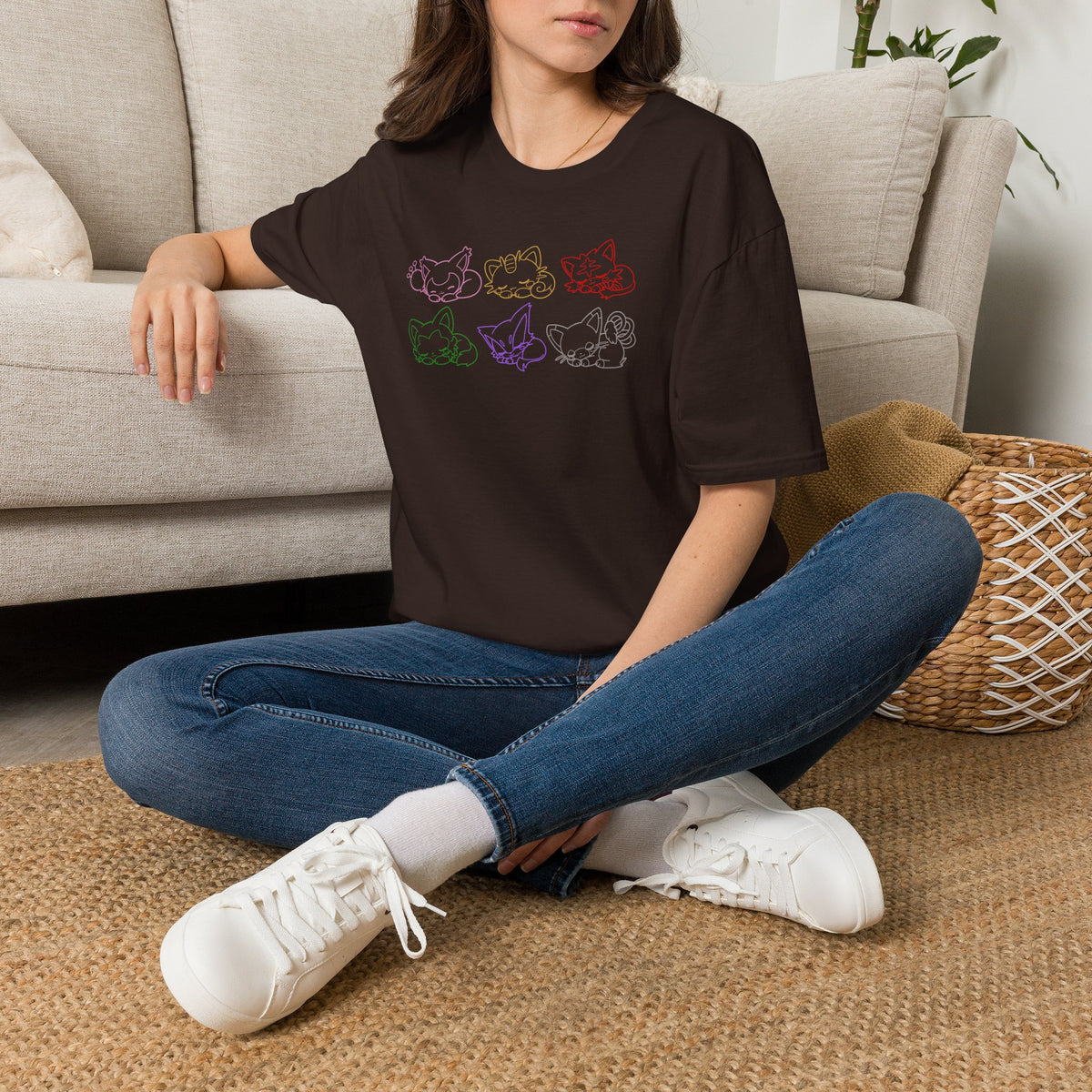 Sleeping Pokémon Cats Line Art T-Shirt | Pastel Rainbow Kitten Trio Anime Tee Shirt