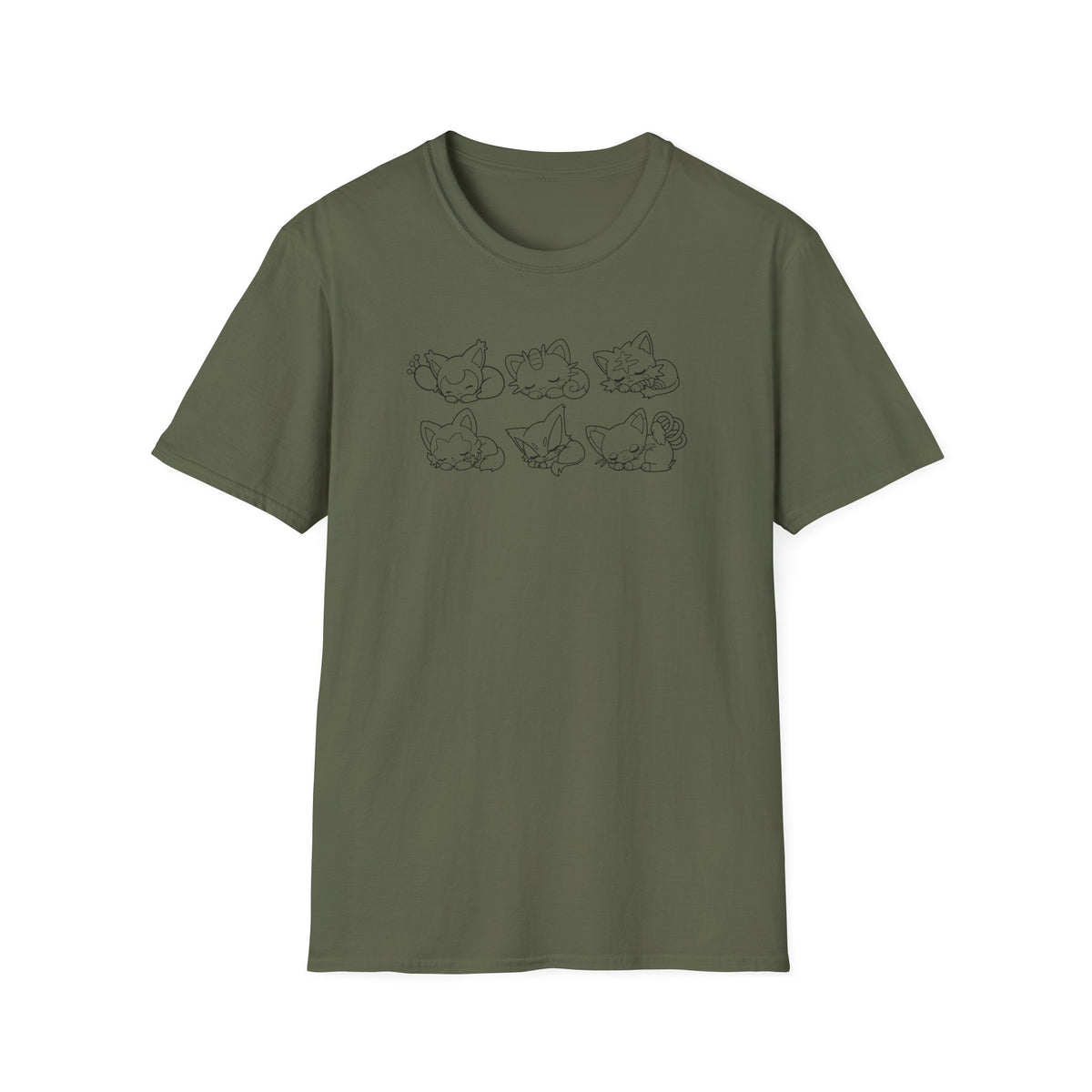 Sleeping Pokémon Cats Line Art T-Shirt | Pastel Rainbow Kitten Trio Anime Tee Shirt
