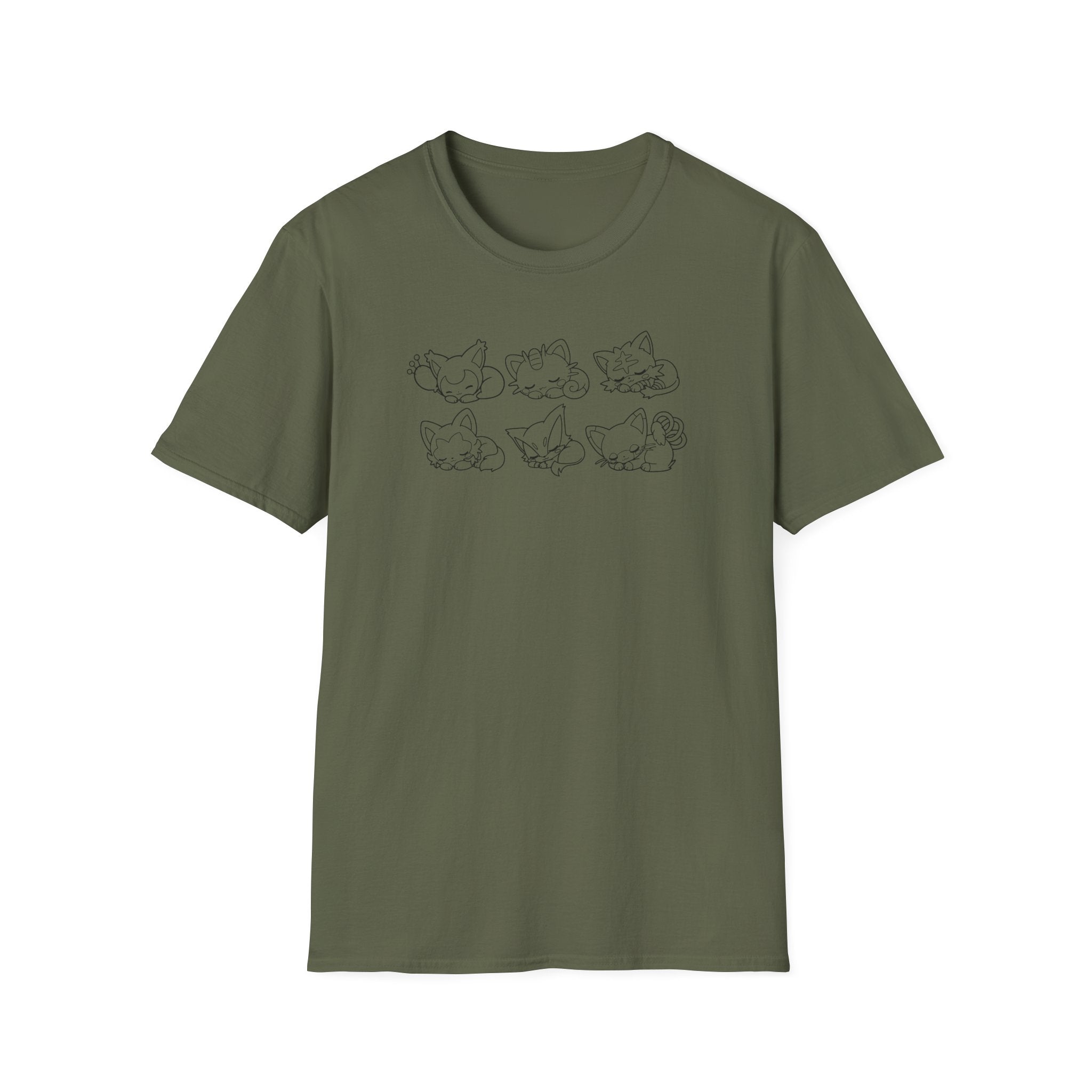 Kawaii Sleeping Cats Pkm Line Art T-Shirt | Pastel Rainbow Kitten Trio Anime Tee Shirt