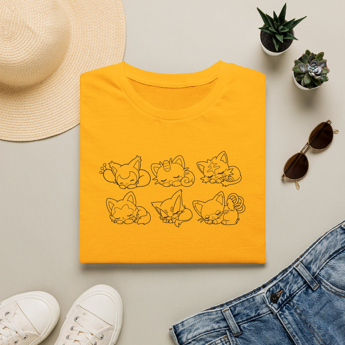 Sleeping Pokémon Cats Line Art T-Shirt | Pastel Rainbow Kitten Trio Anime Tee Shirt