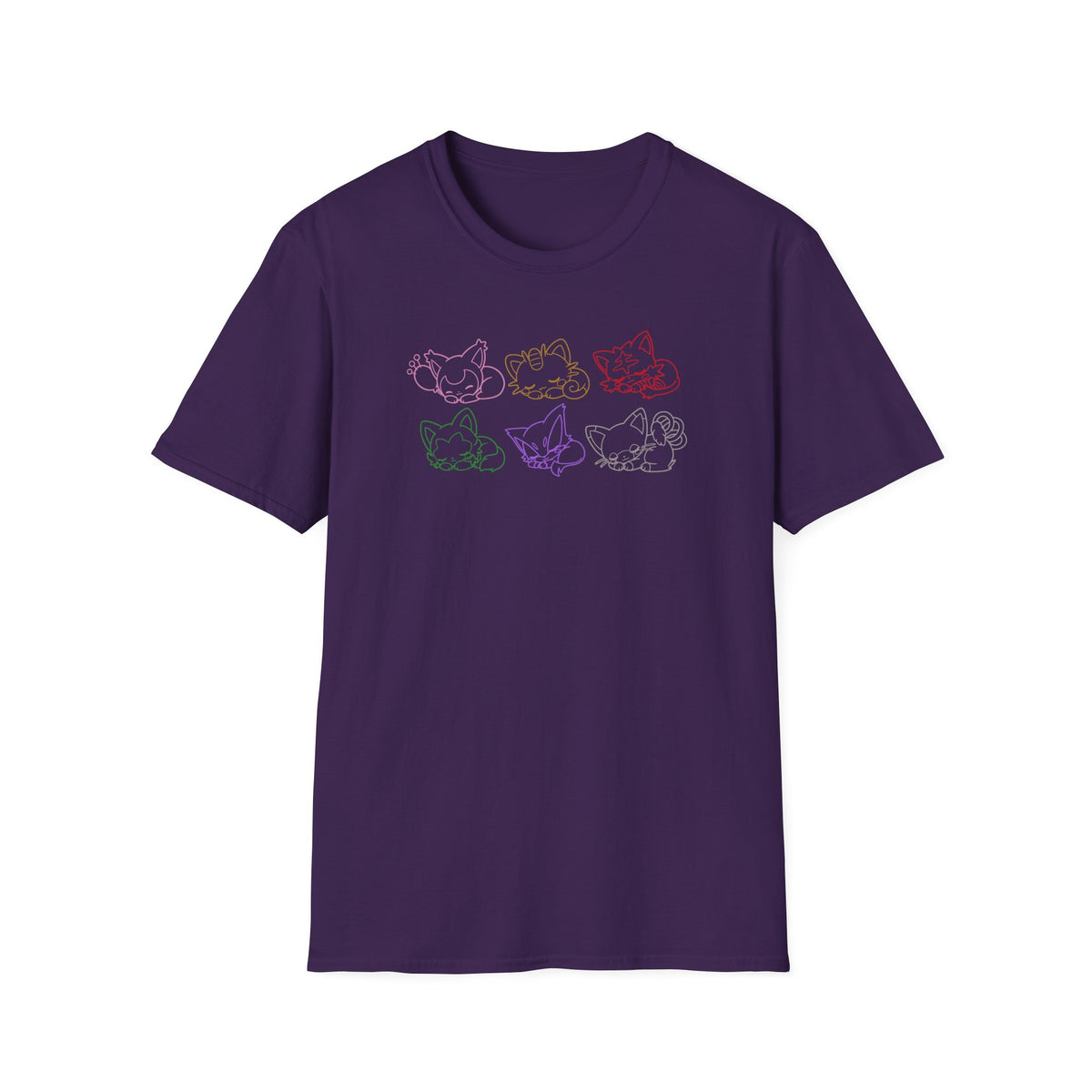 Sleeping Pokémon Cats Line Art T-Shirt | Pastel Rainbow Kitten Trio Anime Tee Shirt