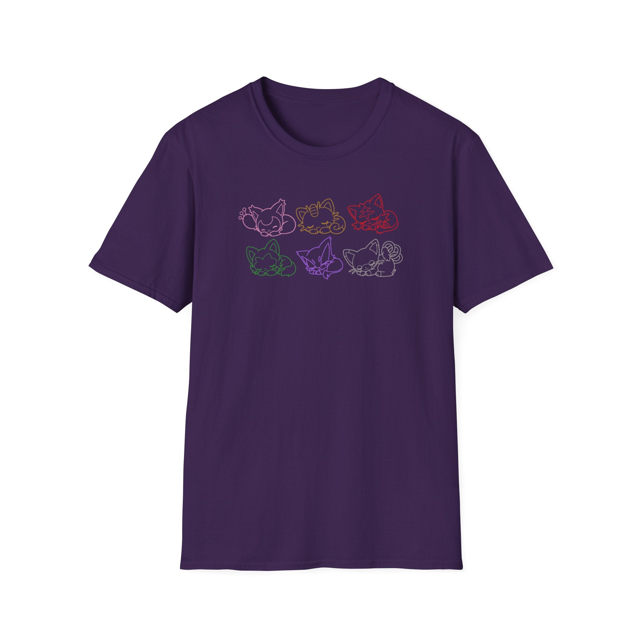 Kawaii Sleeping Cats Pkm Line Art T-Shirt | Pastel Rainbow Kitten Trio Anime Tee Shirt