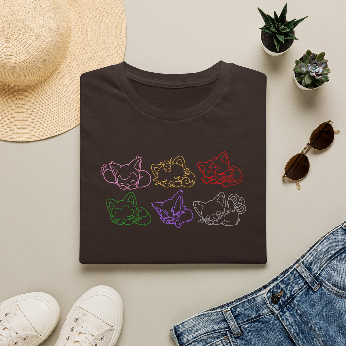 Sleeping Pokémon Cats Line Art T-Shirt | Pastel Rainbow Kitten Trio Anime Tee Shirt